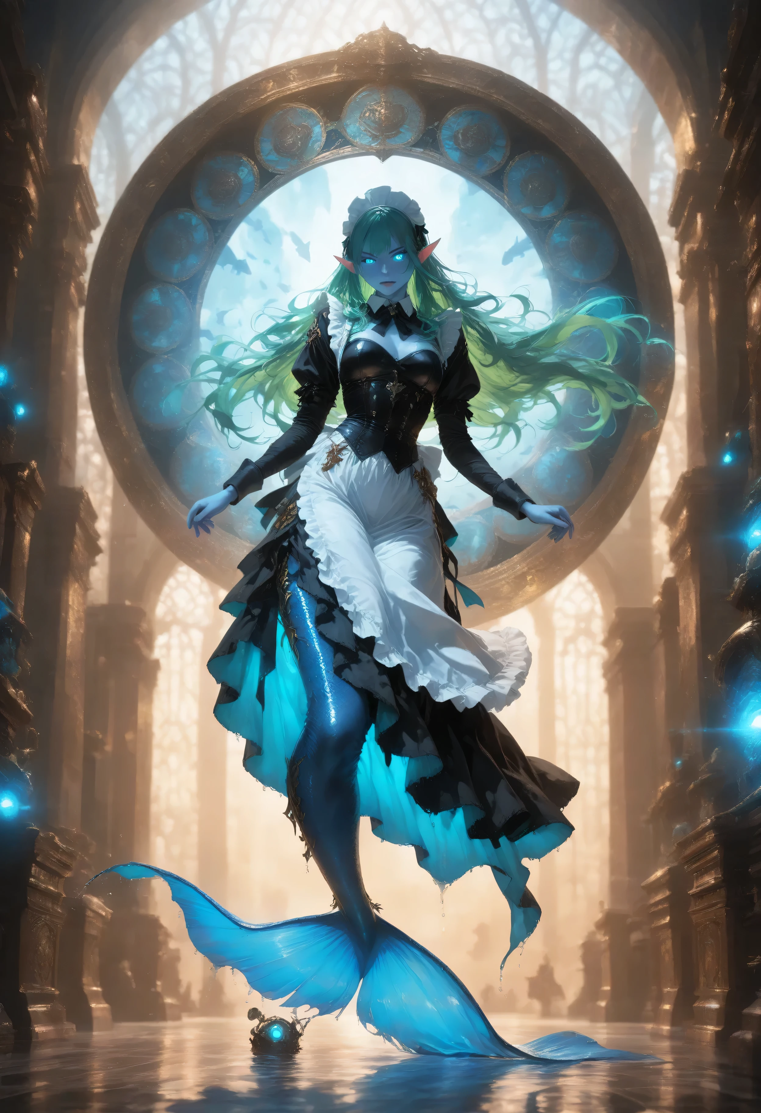 blue color,wearing a clothes,Contrast,Fantasy Elements,masterpiece, best quality, very aesthetic, absurdres,high details, best quality, 16k, ultra detailed, masterpiece, best quality, ((art deco style)), full body, ultra wide shot, RAW, photorealistic, fantasy art, dnd art, rpg art, realistic art, an ultra wide picture of a mermaid under the sea (intricate details, Masterpiece, best quality) , female mermaid, (blue) skin, (green) hair, long hair, swirling hair, intense eyes, small pointed ears, ((blue eyes)), ((glowing eyes)), wearing (black) ((maid outfit)) flowing ((maid outfit:1.4) wearing a ((flowing maid skirt: )), beautiful mermaid, you can see rich underwater life, fish, riff, dynamic fantasy blue beach background ((magical atmosphere)), high details, best quality, highres, ultra wide angle, ggmine, traditional watercolor painting
