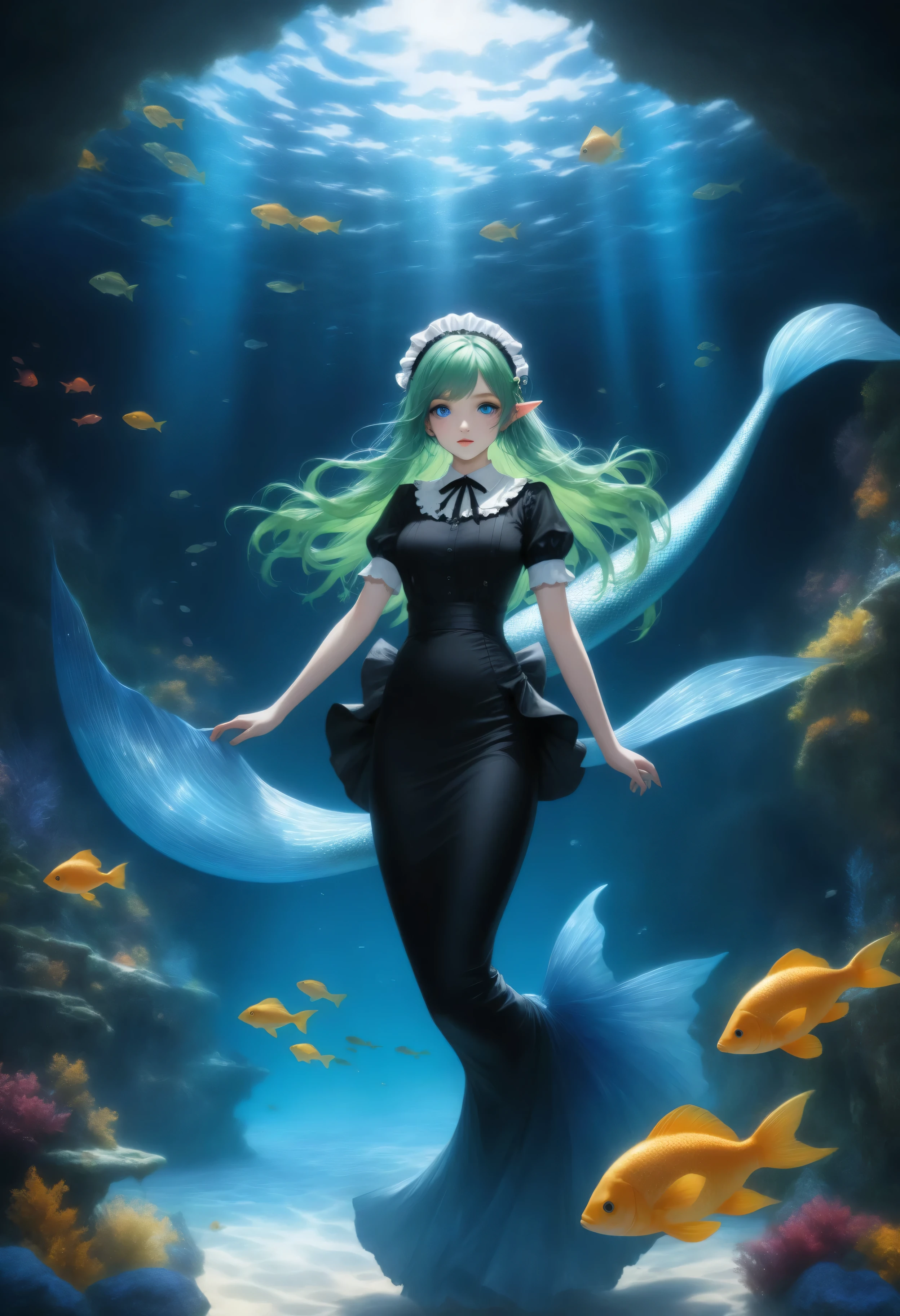 blue color,wearing a clothes,Contrast,Fantasy Elements,masterpiece, best quality, very aesthetic, absurdres,high details, best quality, 16k, ultra detailed, masterpiece, best quality, ((art deco style)), full body, ultra wide shot, RAW, photorealistic, fantasy art, dnd art, rpg art, realistic art, an ultra wide picture of a mermaid under the sea (intricate details, Masterpiece, best quality) , female mermaid, (blue) skin, (green) hair, long hair, swirling hair, intense eyes, small pointed ears, ((blue eyes)), ((glowing eyes)), wearing (black) ((maid outfit)) flowing ((maid outfit:1.4) wearing a ((flowing maid skirt: )), beautiful mermaid, you can see rich underwater life, fish, riff, dynamic fantasy blue beach background ((magical atmosphere)), high details, best quality, highres, ultra wide angle, ggmine, traditional watercolor painting