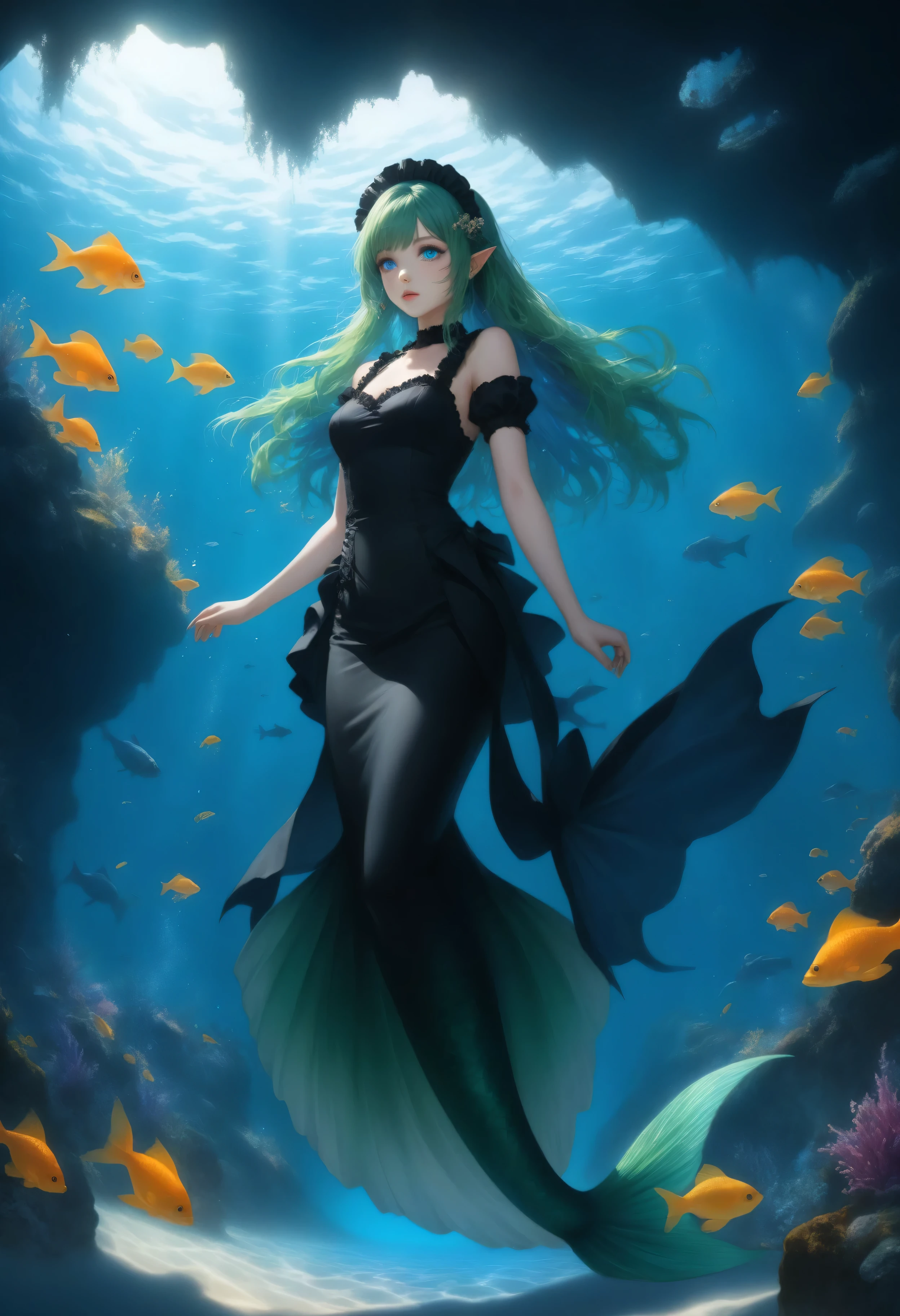 blue color,wearing a clothes,Contrast,Fantasy Elements,masterpiece, best quality, very aesthetic, absurdres,high details, best quality, 16k, ultra detailed, masterpiece, best quality, ((art deco style)), full body, ultra wide shot, RAW, photorealistic, fantasy art, dnd art, rpg art, realistic art, an ultra wide picture of a mermaid under the sea (intricate details, Masterpiece, best quality) , female mermaid, (blue) skin, (green) hair, long hair, swirling hair, intense eyes, small pointed ears, ((blue eyes)), ((glowing eyes)), wearing (black) ((maid outfit)) flowing ((maid outfit:1.4) wearing a ((flowing maid skirt: )), beautiful mermaid, you can see rich underwater life, fish, riff, dynamic fantasy blue beach background ((magical atmosphere)), high details, best quality, highres, ultra wide angle, ggmine, traditional watercolor painting