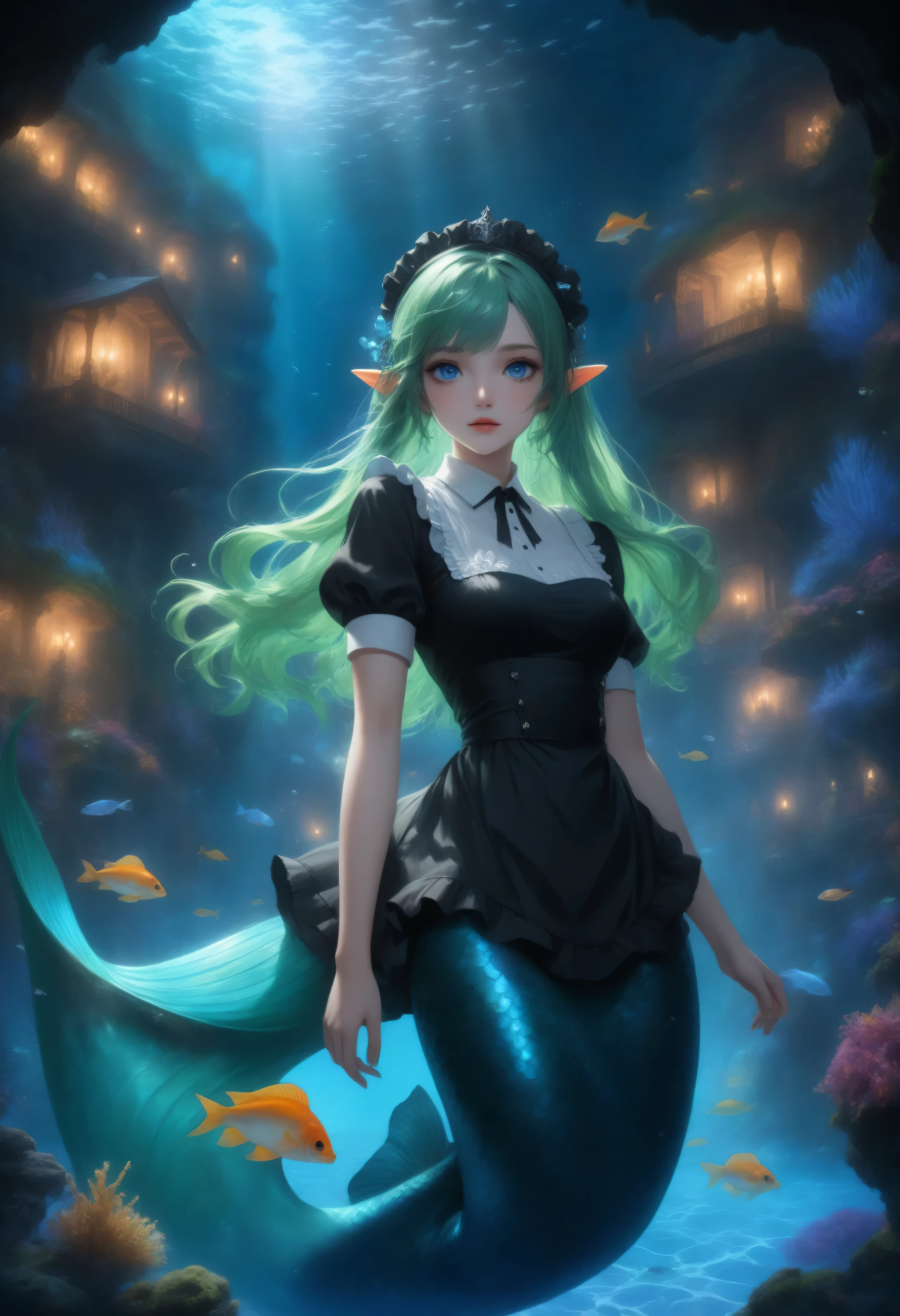 blue color,wearing a clothes,Contrast,Fantasy Elements,masterpiece, best quality, very aesthetic, absurdres,high details, best quality, 16k, ultra detailed, masterpiece, best quality, ((art deco style)), full body, ultra wide shot, RAW, photorealistic, fantasy art, dnd art, rpg art, realistic art, an ultra wide picture of a mermaid under the sea (intricate details, Masterpiece, best quality) , female mermaid, (blue) skin, (green) hair, long hair, swirling hair, intense eyes, small pointed ears, ((blue eyes)), ((glowing eyes)), wearing (black) ((maid outfit)) flowing ((maid outfit:1.4) wearing a ((flowing maid skirt: )), beautiful mermaid, you can see rich underwater life, fish, riff, dynamic fantasy blue beach background ((magical atmosphere)), high details, best quality, highres, ultra wide angle, ggmine, traditional watercolor painting