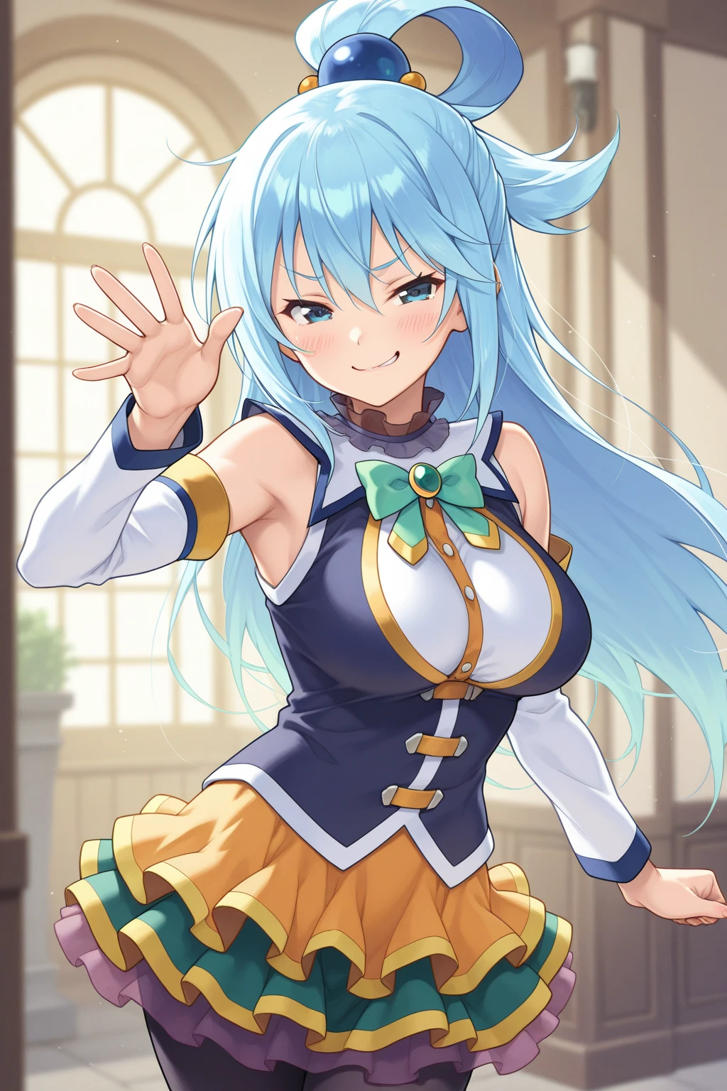 、Tapa de pantalla de anime、Anime coloring、1chica en, longitud del cabello, solo, pelos azules, ojos azules, boca abierta, Manga lanzada, Al aire libre, falda por el, muslos muslos muslos muslos muslos,,Travieso grande、Emphasis on large breasts 、Anillos para el cabello, Skysky,  tag, Adornos para el cabello, nubes, El arco, cielo abierto azul, una falda azul, Lazo verde, hombros 、una sonrisa、(falda grieta:1.3),(bragas blancas:1.3), labios, sonrojarse, Moist body, senos grandes,