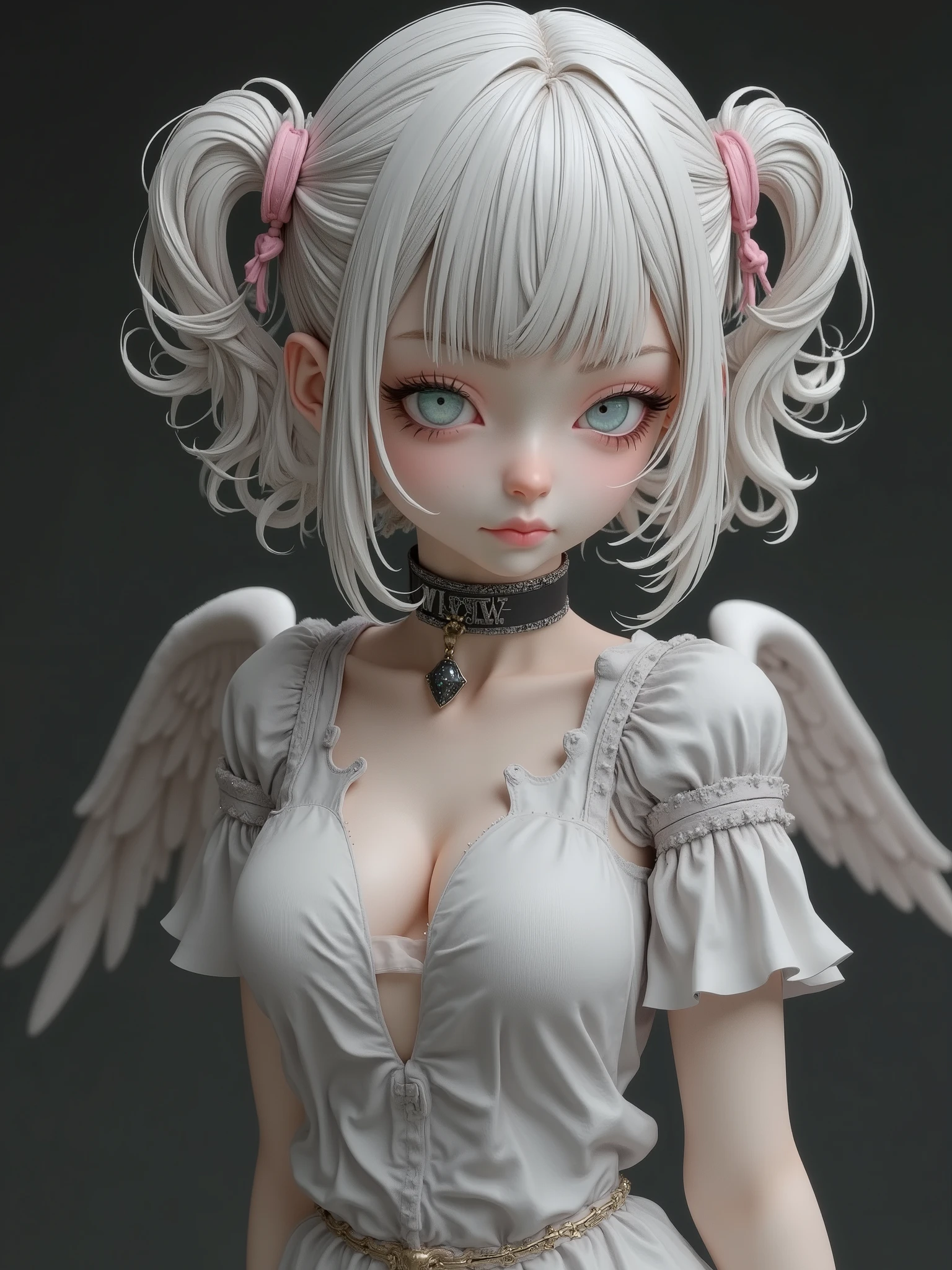 (sexy teen:1.1), (Angel:1.1), (Dynamic angle:1.1), full body, dark persona, (Dynamic pose:0.9), White skinned, small breasts, (Thick thighs:1.2), Beautiful Face, (Blue green eyes:0.9), troubled eyebrows, Fluffy bob cut, White hair, Wearing a white A-Line dress, With Angel's Wings, (NSFW:1.2), 3D, Miniatures, (Nendoroid:1.2), Chibi, Doll, Masterpiece, Highest quality, (Artistic photography:0.9), Highly detailed, Perfect rendered face, Perfect anatomy, Perfect fingers, (Bokeh:0.9), Simple dark background