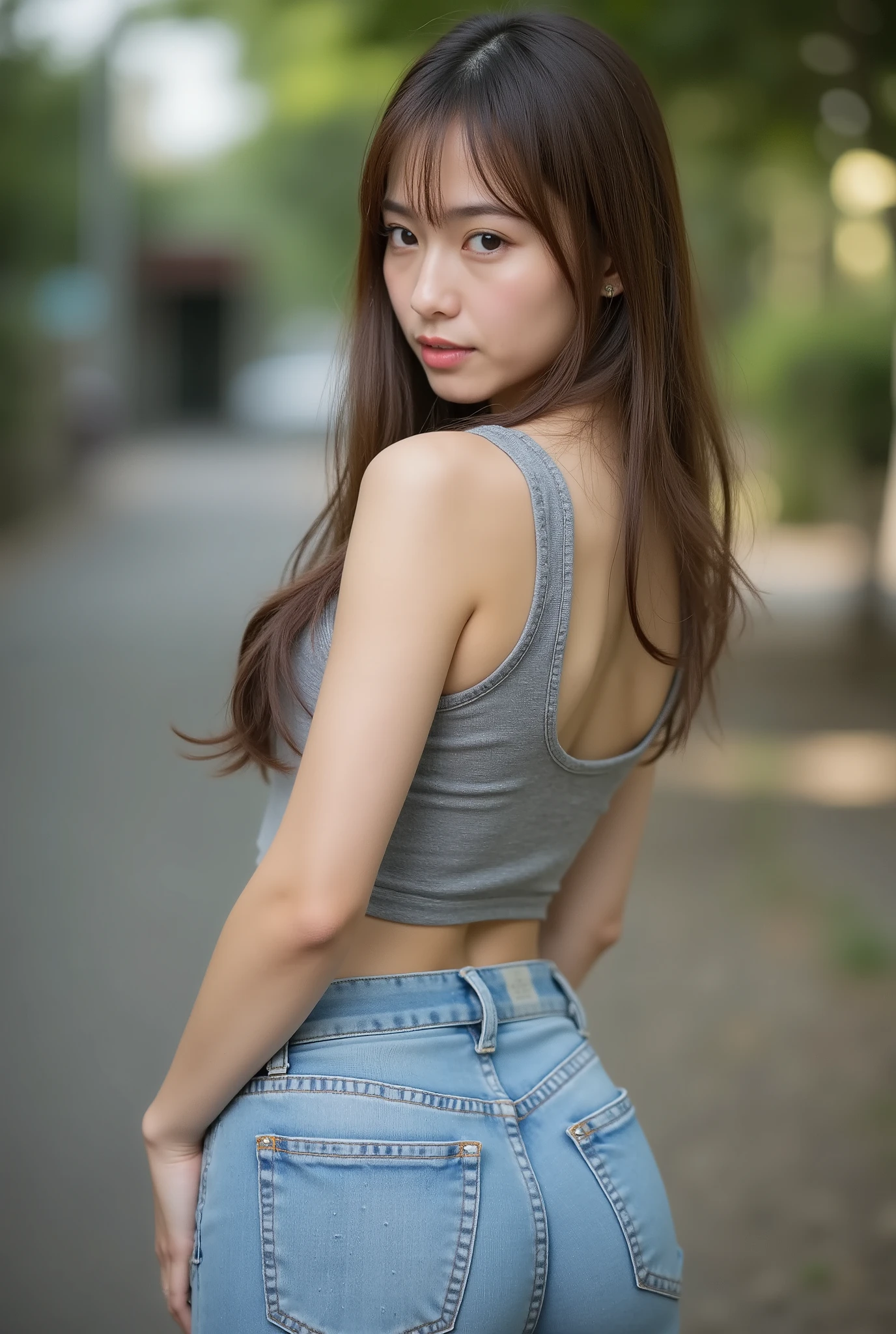 Japanese Idol、charm、muscular、sexy、fitted jeans、vibe、masterpiece、Outdoors、real people、FEMALE BODY ,look back