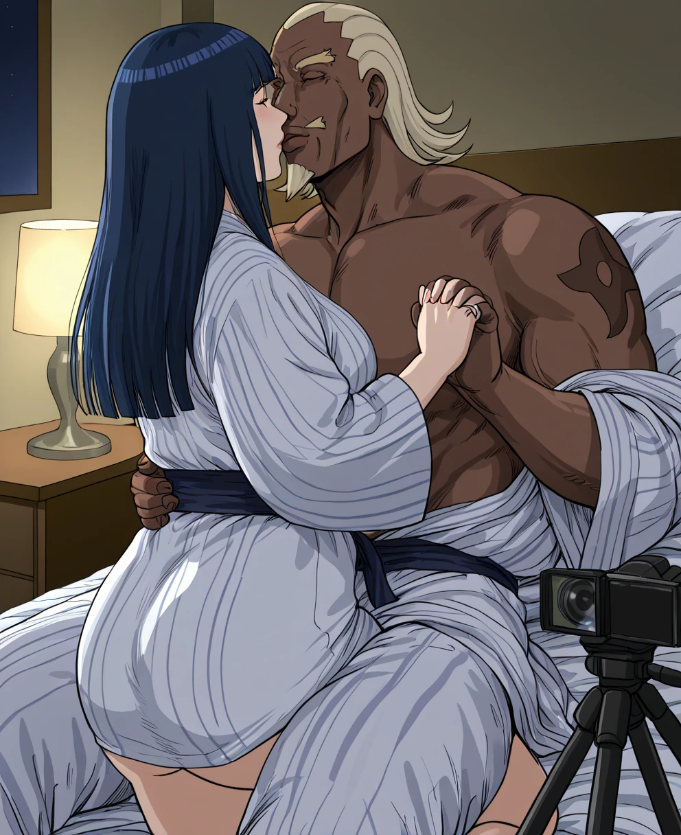 ((Highest quality)), ((masterpiece)), (detailed), （Perfect Face）、The woman is Akane Kurokawa, with blue bob hair, and is naked on the bed with a naked, middle-aged black man with a muscular beard. They embrace, kiss, and make love as they have sex. The man's penis enters the woman's pussy and ejaculates a large amount of semen, which overflows from the woman's pussy.、Man and woman wearing engagement rings、The man and woman are climaxing with pleasure