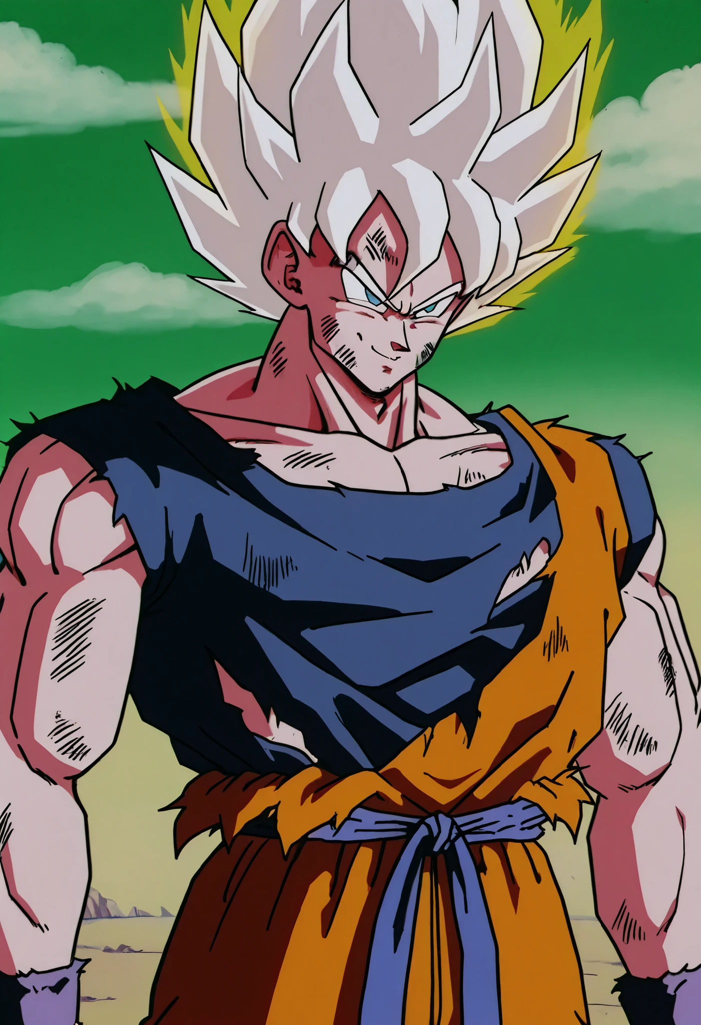 masterpiece, mejor calidad, Son Goku, Alone , pelo rubio, yellow aura , Simple Background, shirt, a boy, standing, upper body, white hair, male focus, sky, pants, cloud, ojos negros, Ripped clothing, Muscular, frown, cloudy sky, pointed hair, smile burlona, smile, shaded face, bracelet, angry, green background, Serious, arms at the sides, torn shirt, , dougi, Super Saiyan,  face,  clothes, Super Saiyan 1,