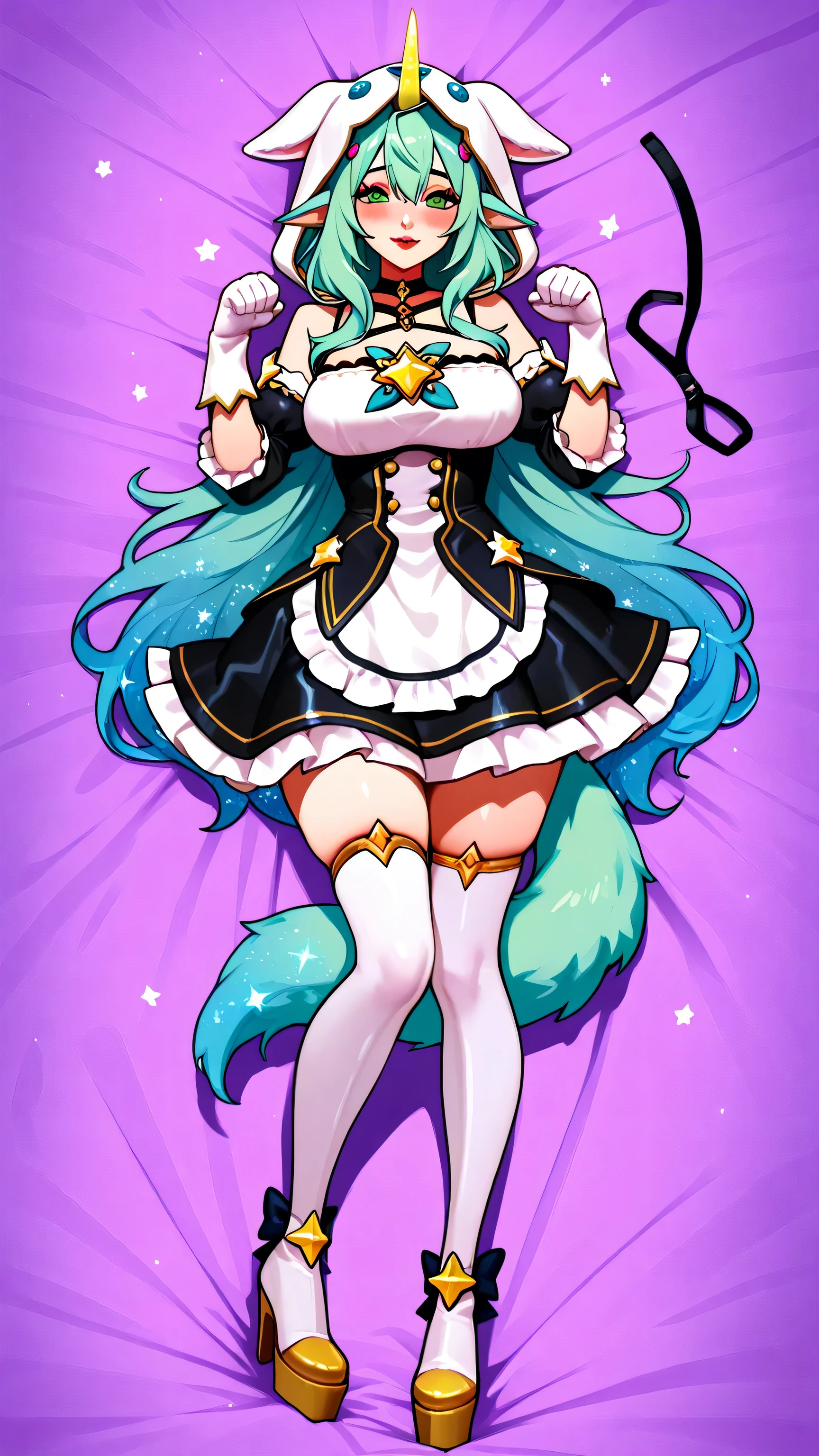 puppy eyes, cat pose, dog paw puffy gloves, apron, black bow, black latex dress, black ribbon, bow, detached sleeves, latex dress, frilled apron, frilled sleeves, frills, juliet sleeves, long sleeves, maid, puffy sleeves, ribbon, roswaal mansion maid uniform, thighhighs, two-tone dress, waist apron, white bow, white latex dress, white hoodie, shoulder cutout, fur trim, white hood, animal hood, dog hood, hood up, dog chocker, dog collar, dog leash green dog tail, starry hair, 1girl, green hair, horn, long hair, singe horn , soraka_star, star guardian \(league of legends\) , green eyes, animal ears, breasts, very long hair, choker, alternate hair color, pointy ears, hair between eyes, bangs, large breasts, hair ornament,, 1girl, solo, black high heels BOOTS, thigh-high boots, 8 inch heels, platform boots, masterpiece, dakimakura, high resolution, blush, looking at viewer, standing up, masterpiece, best quality, high quality facial features, perfect eyes, facing directly, 4k , 8k , high resolution, shown fully in frame, Perfect body woman, Well proportionated Symmetrical body, hip dips, full body shown, voluptuous body, horny, smiling, blushing, blue eyeshadown, red lipstick, eyelashes, makeup, glossy lips,