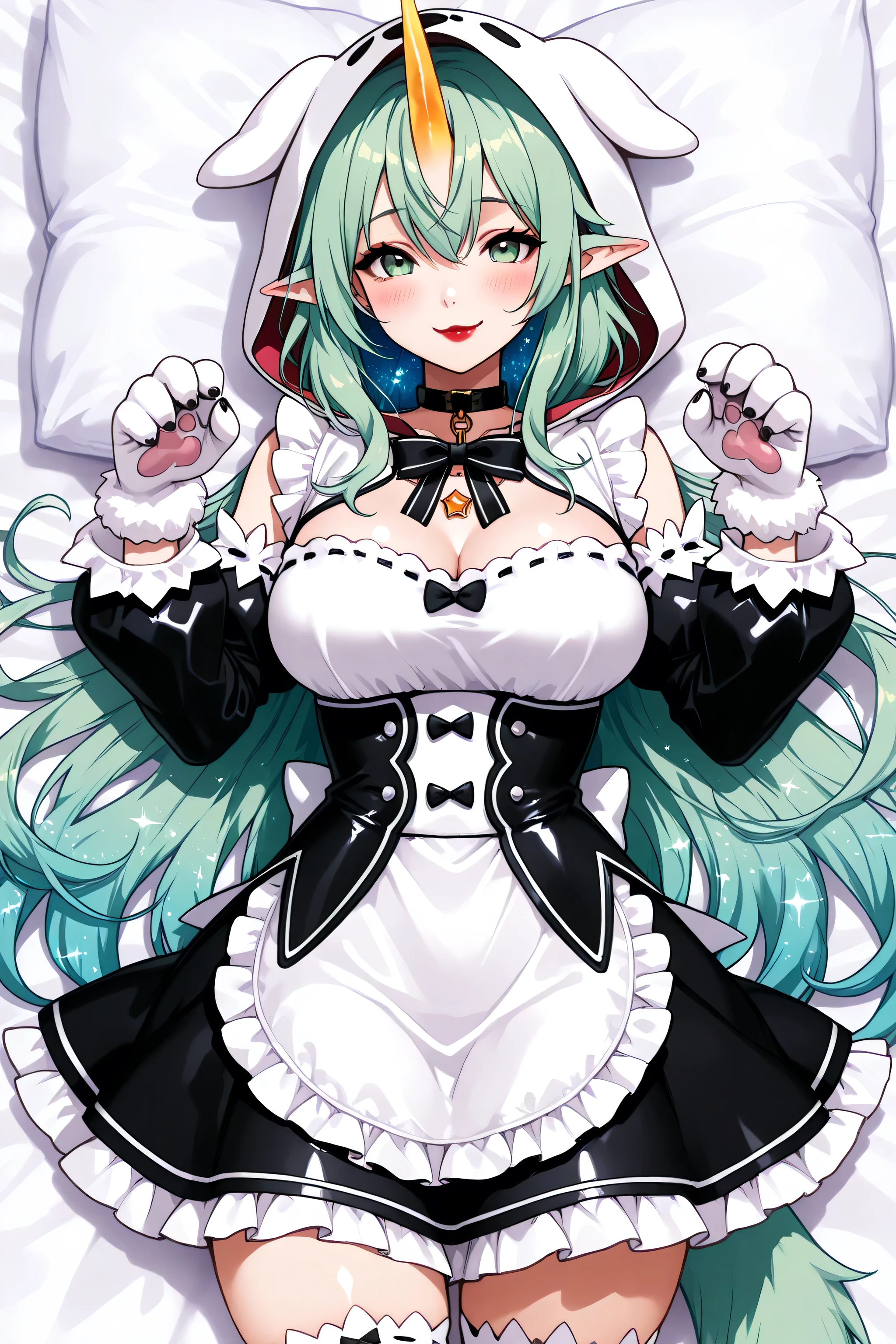 puppy eyes, cat pose, dog paw puffy gloves, apron, black bow, black latex dress, black ribbon, bow, detached sleeves, latex dress, frilled apron, frilled sleeves, frills, juliet sleeves, long sleeves, maid, puffy sleeves, ribbon, roswaal mansion maid uniform, thighhighs, two-tone dress, waist apron, white bow, white latex dress, white hoodie, shoulder cutout, fur trim, white hood, animal hood, dog hood, hood up, dog collar, dog leash green dog tail, starry hair, 1girl, green hair, horn, long hair, singe horn , soraka, green eyes, animal ears, breasts, very long hair, choker, alternate hair color, pointy ears, hair between eyes, bangs, large breasts, hair ornament,, 1girl, solo, masterpiece, dakimakura, high resolution, blush, looking at viewer, masterpiece, best quality, high quality facial features, perfect eyes, facing directly, 4k , 8k , high resolution, Perfect body woman, Well proportionated Symmetrical body, hip dips, voluptuous body, horny, smiling, blushing, blue eyeshadown, red lipstick, eyelashes, makeup, glossy lips, face only, focus face, smirk