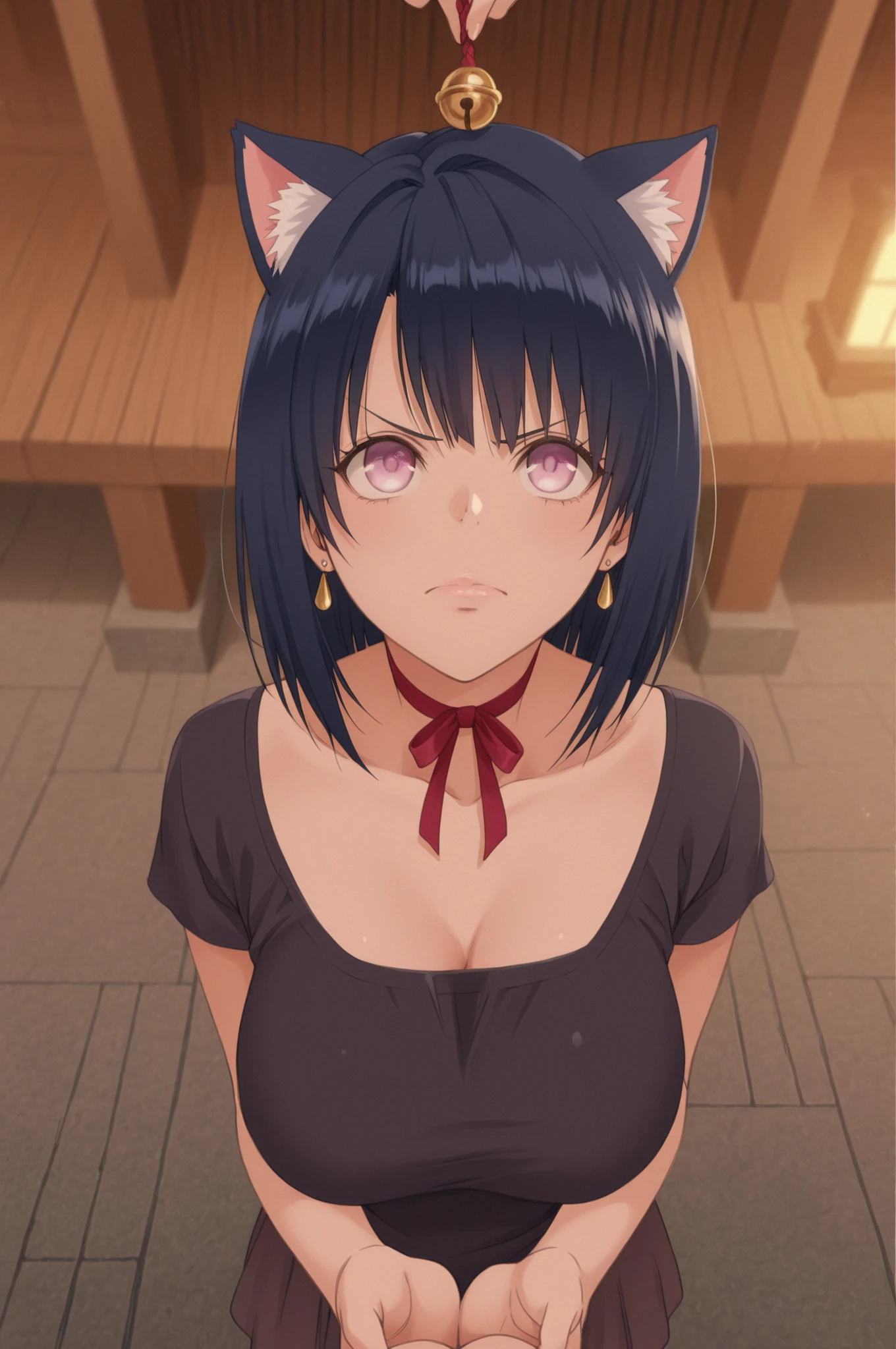 Hinata Hyuuga, medium hair, dark blue hair, square, Large breasts, skinny body, earrings, pink lips , lavender eyes, | Floor texture: Thick, viscous slurry of dark green and brown shadesmasterpiece, best quality, amazing quality, very aesthetic, high resolution, ultra-detailed, absurdres, newest, scenery, 1girl, angry, animal ears, cat ears, closed eyes, choker ,ribbon choker , bad new year, shrine bell ,shrine, join hands, looking up, BREAK, depth of field, masterpiece, best quality, amazing quality, very aesthetic, high resolution, ultra-detailed, absurdres, newest, scenery, volumetric lighting