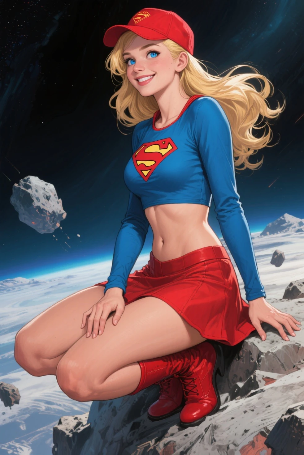 ((full body view)), (Supergirl amazingly flies through outer space), (Complete DC Comics superhero), outside, highlight your muscles and scars. The landscape is lush and mysterious, with galaxies all around you. The camera details everything... ((she has blonde hair, she has long hair)), (she has a confident smile, heroic pose), (her attitude is fearless), (she has an arrogant personality). (best quality, 4k, 8k, high resolution, masterpiece: 1.2), ultra detailed, (realistic, photorealistic, photorealistic: 1.37), intricate details, vivid colors, sharp focus, professional, artwork by Dave McKean, surreal oil touch, painting style oil painting, portrait, woman, beautiful detailed eyes, beautiful detailed lips, dreamy atmosphere, play of shadows, soft lighting, fun pose, dark tones, ethereal background, fantasy elements, texture, layered composition. {{{,nsfw,speech bubble,lingerie {{{,{pussy,spreads pussy,cum,cum in pussy,masterbation,straddling,y}}},cute,ultra detailed skin,sketch}}}, ,}} }, art inspired by Bill Sienkiewicz and Dave McKean
