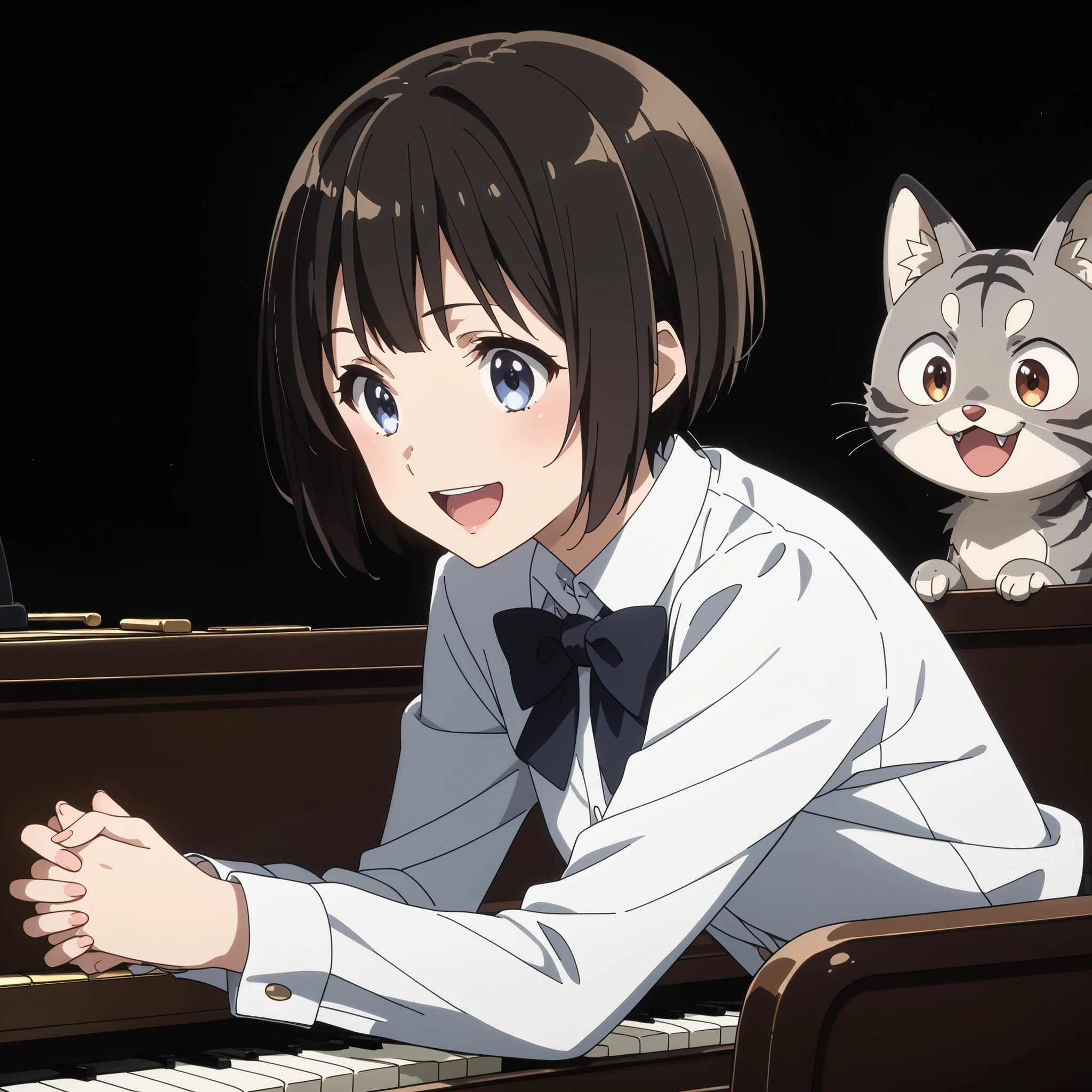gray pheasant tiger cat、short cut girl with Usopp nearby、 playing the piano、younger, Black-haired character ,  presumably children or teenagers , , Smile of joy,  dynamically drawn , dark gray similar to cats and dogs, background full of stars. They have white long-sleeved shirts with ash-tiger accents and playful dark-colored pants. characters、 is small,  falling or flying towards the white animals , Holding hands at、has unique gray and black spots.  the animals also appear to be falling or floating , wide,  surprised eyes and slightly open mouths . big, is small星で飾られたものもある,  occupy the top and right parts of the image ,  the overall mood is whimsical and adventurous ,  conveyed by the characters' facial expressions and poses .gray pheasant tiger cat、short cut girl with Usopp nearby、she's in front of a grand piano、she's a piano recital、she's a piano instructor、smiling with an adorable gray cat、she enjoys the piano、With both black pianos、Gray furry cat、Exact index amount、Precise keys、A cat with a glossy coat、