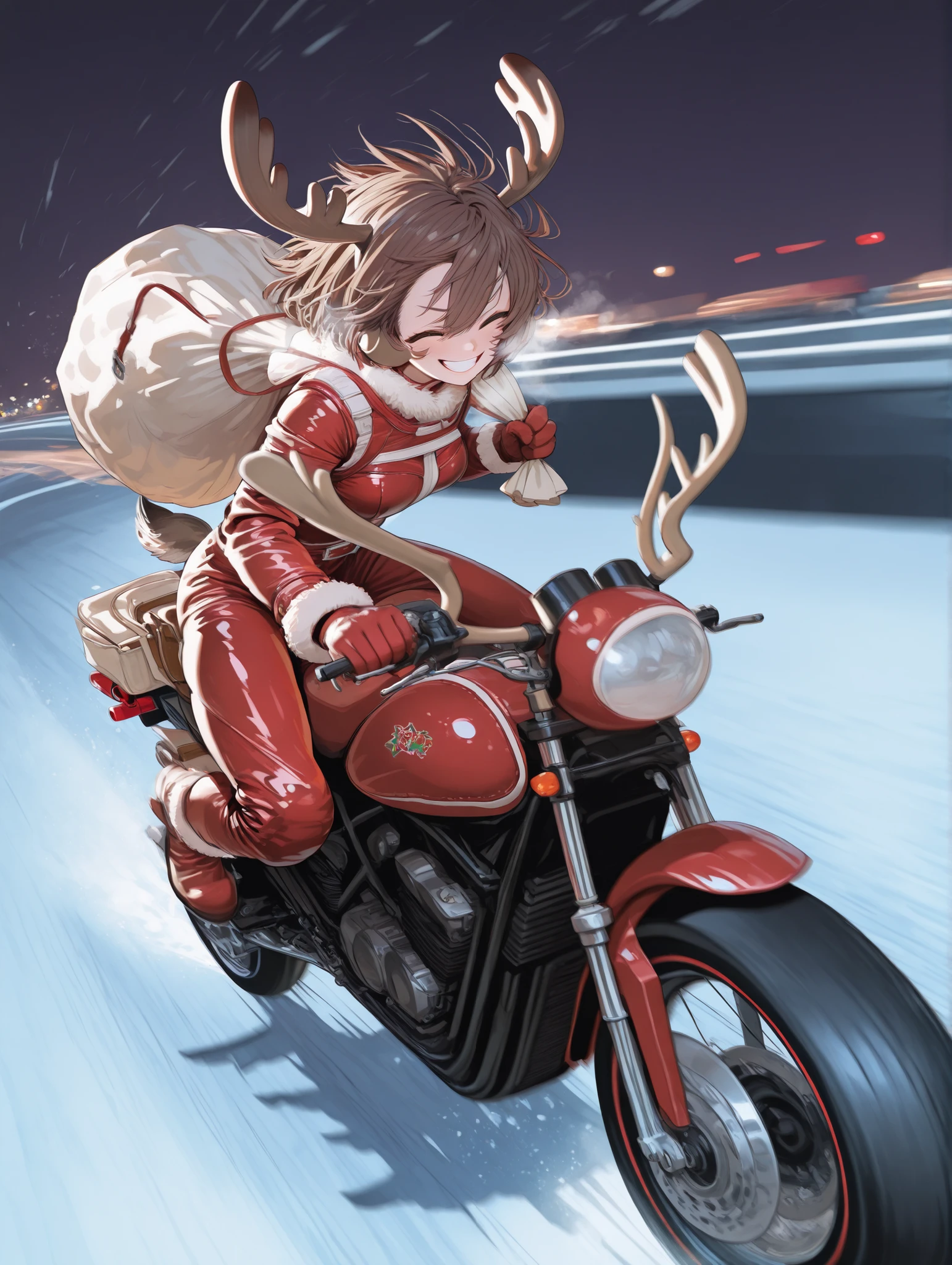 傑作、最高品質、8k,Dynamic action, dynamic angle, (Reindeer girl on a motorbike speeding down a snowy night highway), one woman (reindeer girl, reindeer antlers, reindeer tail, bright red leather suit, brown hair, riding a motorbike, smiling, holding Santa's white bag), snowy highway, night, wind effect, motion blur, CG illustration