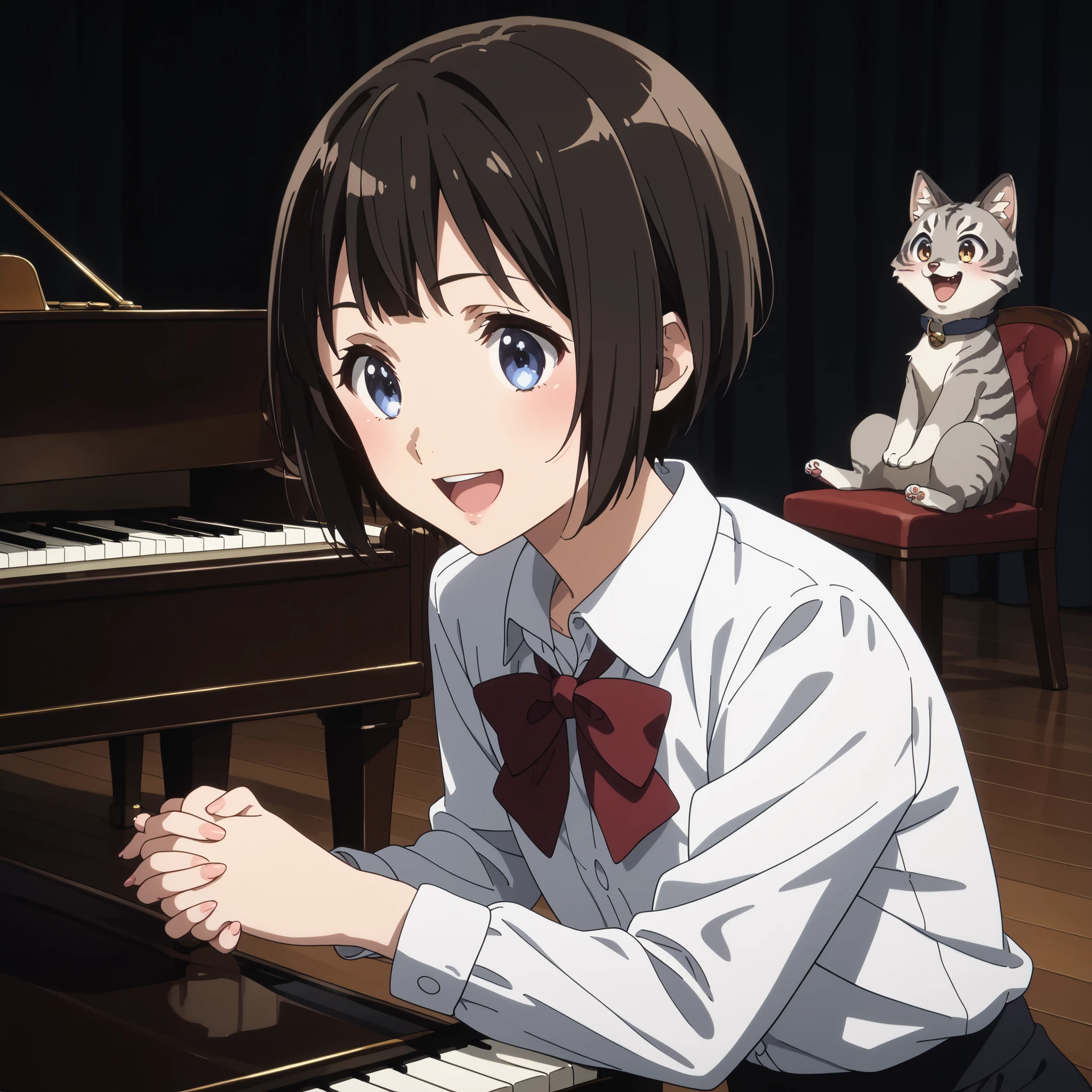 gray pheasant tiger cat、short cut girl with Usopp nearby、 playing the piano、younger, Black-haired character ,  presumably children or teenagers , , Smile of joy,  dynamically drawn , dark gray similar to cats and dogs, background full of stars. They have white long-sleeved shirts with ash-tiger accents and playful dark-colored pants. characters、 is small,  falling or flying towards the white animals , Holding hands at、has unique gray and black spots.  the animals also appear to be falling or floating , wide,  surprised eyes and slightly open mouths . big, is small星で飾られたものもある,  occupy the top and right parts of the image ,  the overall mood is whimsical and adventurous ,  conveyed by the characters' facial expressions and poses .gray pheasant tiger cat、short cut girl with Usopp nearby、she's in front of a grand piano、she's a piano recital、she's a piano instructor、smiling with an adorable gray cat、she enjoys the piano、With both black pianos、Gray furry cat、Exact index amount、Precise keys、A cat with a glossy coat、