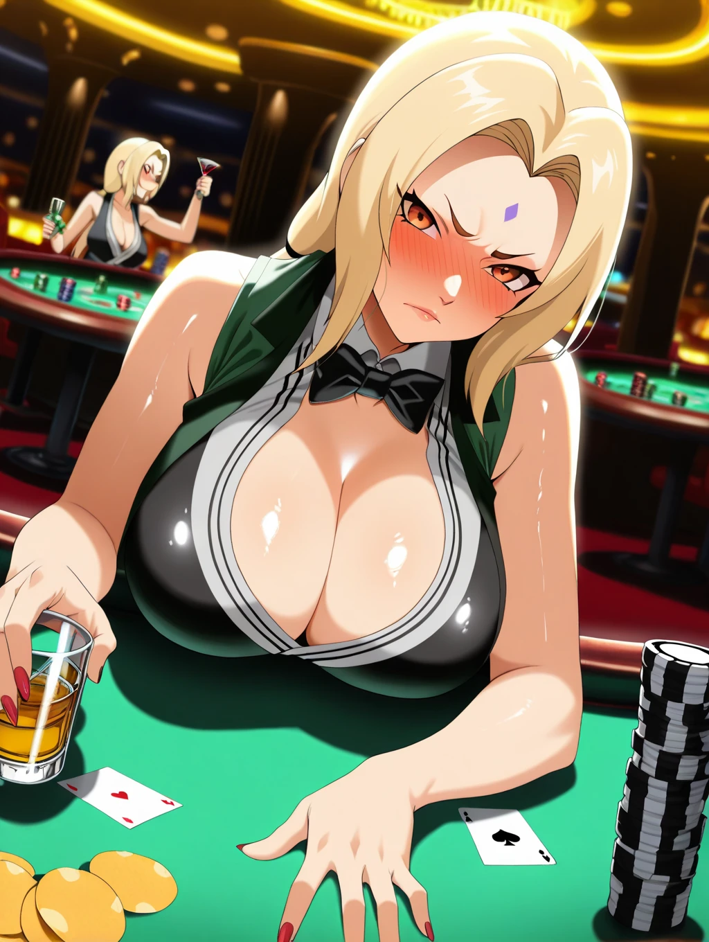 ,Masterpiece、Cowboy Shot、One hand on hip、phsaber,Artoria、((Big Breasts))、(smile)、((Completely ))、((Pastel blue sexy high leg ))、Calm expression、(((Close your mouth)))、((Inside the casino))、Shiny Skin、(Smile)、Vivid Green Eyes、Big eyes、Detailed eyes、Toned thighs、Around 30 years old、Above the knee socks、Glamorous Girl、Sexy pose、Five fingers、