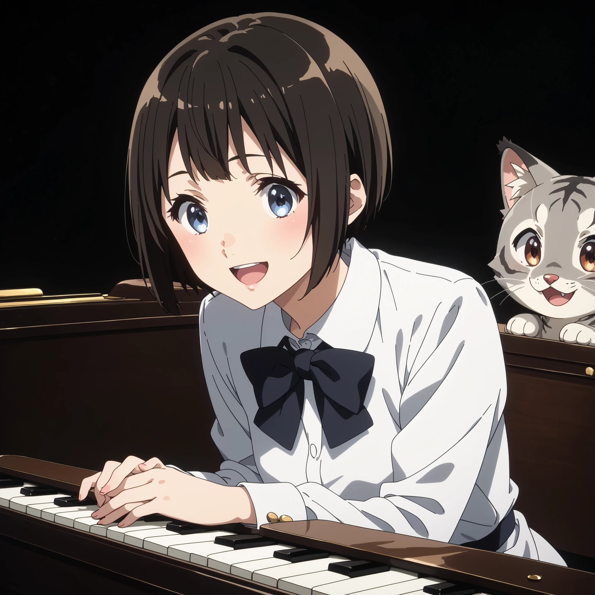 gray pheasant tiger cat、short cut girl with Usopp nearby、 playing the piano、younger, Black-haired character ,  presumably children or teenagers , , Smile of joy,  dynamically drawn , dark gray similar to cats and dogs, background full of stars. They have white long-sleeved shirts with ash-tiger accents and playful dark-colored pants. characters、 is small,  falling or flying towards the white animals , Holding hands at、has unique gray and black spots.  the animals also appear to be falling or floating , wide,  surprised eyes and slightly open mouths . big, is small星で飾られたものもある,  occupy the top and right parts of the image ,  the overall mood is whimsical and adventurous ,  conveyed by the characters' facial expressions and poses .gray pheasant tiger cat、short cut girl with Usopp nearby、she's in front of a grand piano、she's a piano recital、she's a piano instructor、smiling with an adorable gray cat、she enjoys the piano、With both black pianos、Gray furry cat、Exact index amount、Precise keys、A cat with a glossy coat、