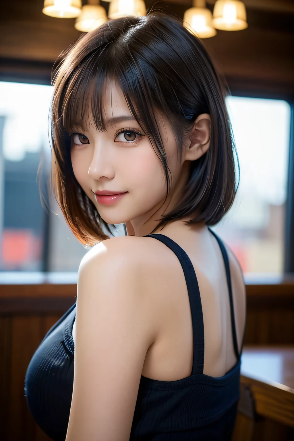 masterpiece, best quality, ultra high resolution, (lifelike:1.4), Detailed beautiful face, Detailed clothes, stunning european woman, wearing a bikini, Super cute, closeup portrait, Beautiful perfect face，soft skin，perfect face,bob cut  hair, 8K resolution,surreal,Super detailed,high quality, (huge breasts, Huge cleavage:1.2), 