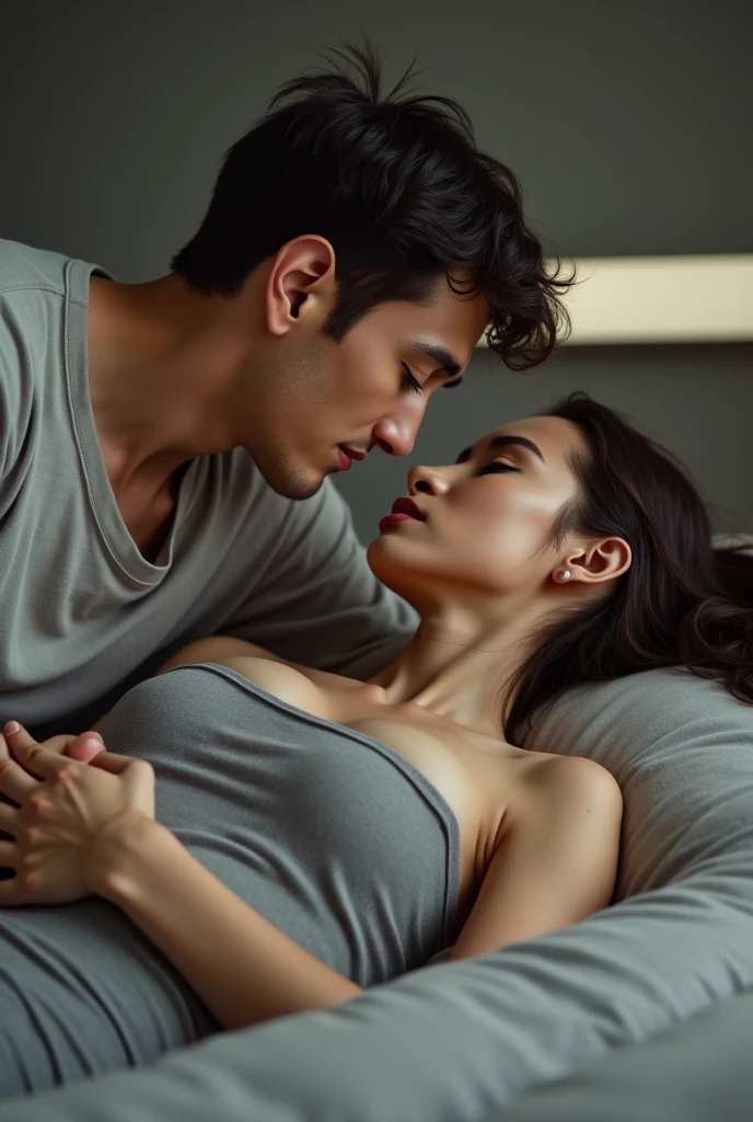 they are in bed with a man and a woman who are laying down, couple on bed, lovers melting into bed, intimate hug, romantic couple, tasty, 8K emotional lighting, man, couple, Close-up, close shot, asian man, Close-up, lovely couple, medium close shot, playful vibe, male and female, Sensual characteristics