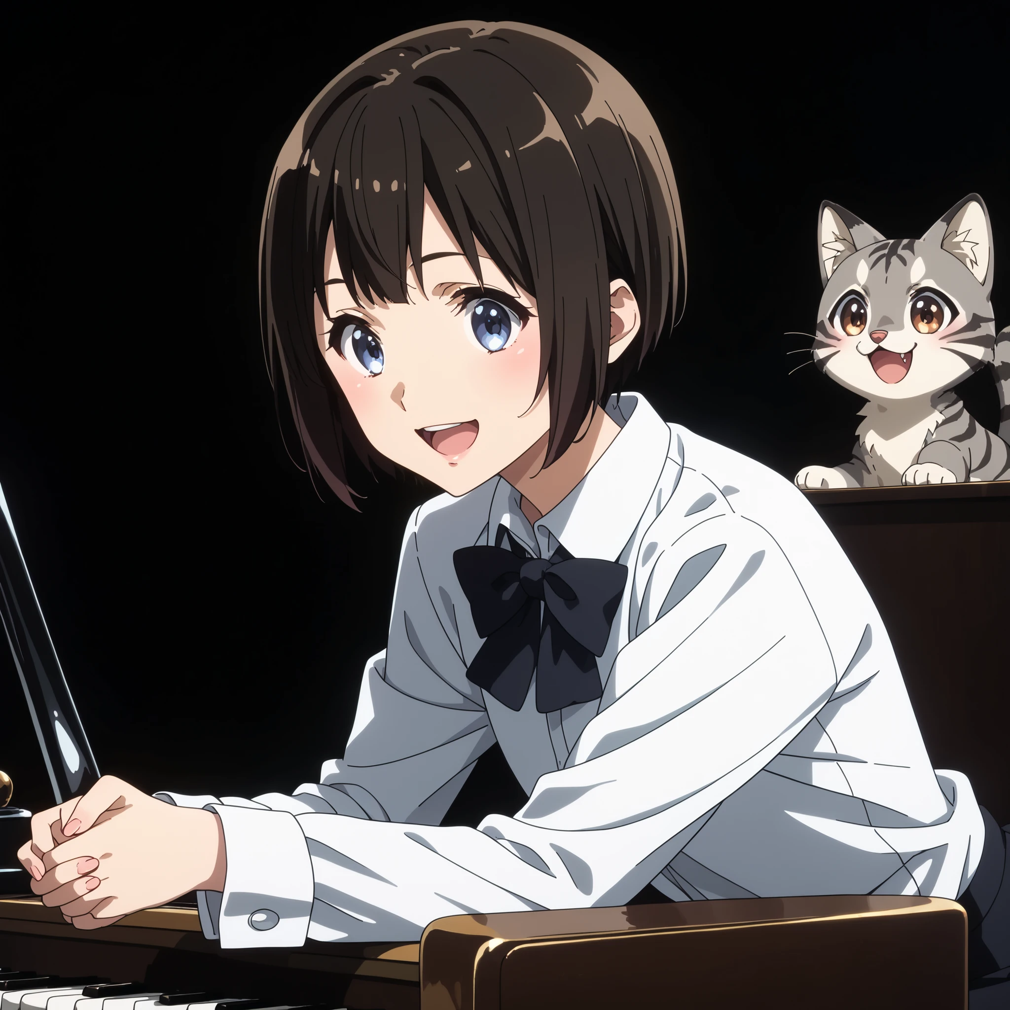 gray pheasant tiger cat、short cut girl with Usopp nearby、 playing the piano、younger, Black-haired character , presumably children or teenagers , , Smile of joy, dynamically drawn , dark gray similar to cats and dogs, background full of stars. They have white long-sleeved shirts with ash-tiger accents and playful dark-colored pants. characters、 is small, falling or flying towards the white animals , Holding hands at、has unique gray and black spots. the animals also appear to be falling or floating , wide, surprised eyes and slightly open mouths . big, is small星で飾られたものもある, occupy the top and right parts of the image , the overall mood is whimsical and adventurous , conveyed by the characters' facial expressions and poses .gray pheasant tiger cat、short cut girl with Usopp nearby、she's in front of a grand piano、she's a piano recital、she's a piano instructor、smiling with an adorable gray cat、she enjoys the piano、With both black pianos、Gray furry cat、Exact index amount、Precise keys、A cat with a glossy coat、