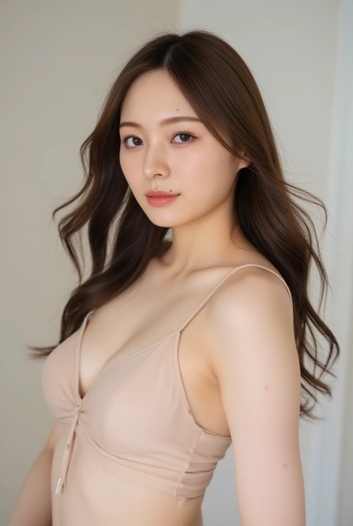 an asian woman with long brown hair, modelling two-piece lingerie from victori secret She has a serene expression with almond-shaped eyes, soft lips with a hint of red lipstick and fair, smooth skin with a hint of natural glow. She is standing near a window, with soft natural light highlighting her features. The background is slightly blurred, focusing on her face and upper body. BREAK high resolution camera, close-up, natural lighting, modern realism, soft shadows, intimate atmosphere, hd quality, natural look --ar 16:9 --v 6.0