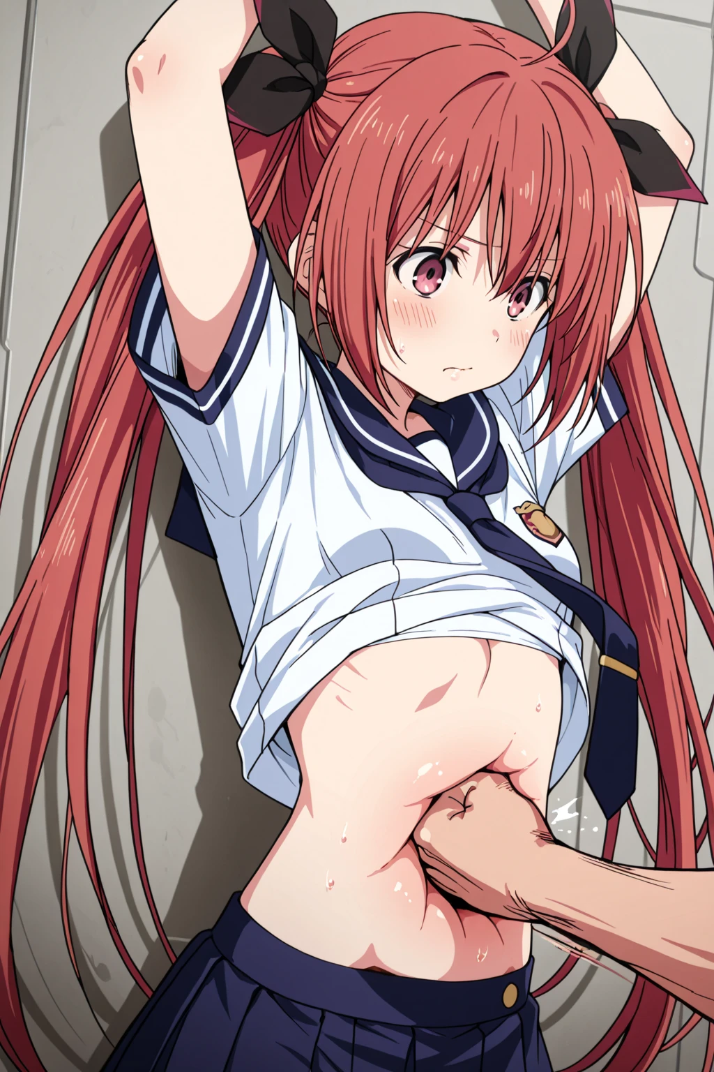 ((Highest quality)), ((masterpiece)), (detailed), Perfect Face、NSFW、Big Breasts、Leg spread、((Ｍ字Leg spread))、solo、From below the front、、Ahegao、((Open Up That Pussy))、Beautiful pussy、Love juice、orgasm、((((Spreading her  with both hands))))、Open up、Tattoo on the lower abdomen、Creampie