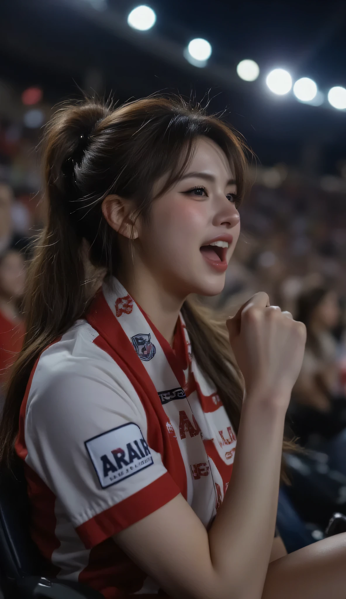 Ultra realistic 8K UHD photograph, close-up portrait of a young woman sports fan seated in stadium stands. The focus is sharply on her expressive face and upper body as she cheers with a wide smile, mouth open mid-shout, one fist raised energetically. Her brown hair is pulled into a ponytail, team scarf and vibrant jersey adding color and pride. The stadium crowd behind her is beautifully blurred with soft bokeh, so no faces or figures are recognizable, preserving focus on the subject and eliminating distracting or incorrect visual elements. Stadium lights create dramatic highlights across her excited features, and the scene radiates the dynamic passion of a dedicated sports fan.