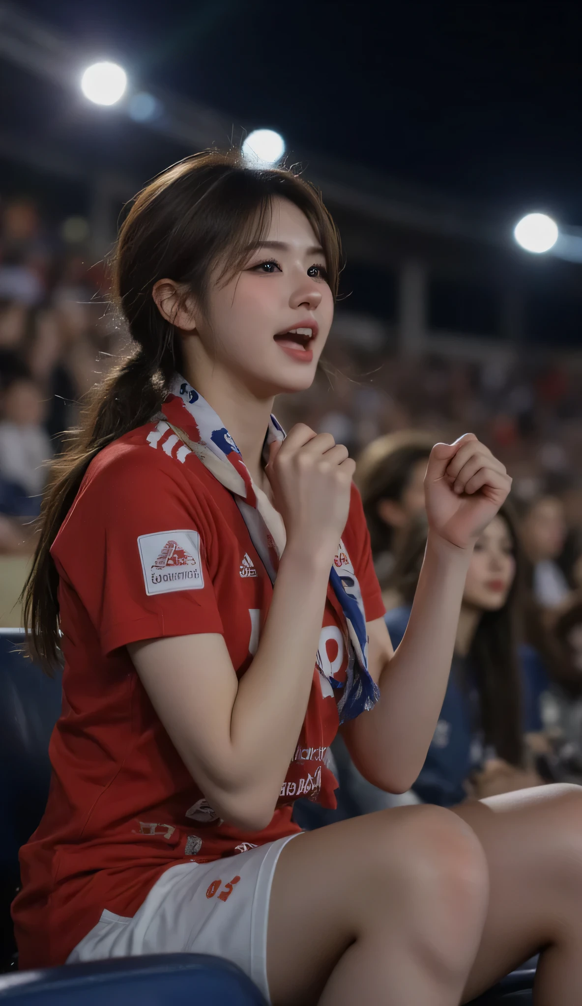 Ultra realistic 8K UHD photograph, close-up portrait of a young woman sports fan seated in stadium stands. The focus is sharply on her expressive face and upper body as she cheers with a wide smile, mouth open mid-shout, one fist raised energetically. Her brown hair is pulled into a ponytail, team scarf and vibrant jersey adding color and pride. The stadium crowd behind her is beautifully blurred with soft bokeh, so no faces or figures are recognizable, preserving focus on the subject and eliminating distracting or incorrect visual elements. Stadium lights create dramatic highlights across her excited features, and the scene radiates the dynamic passion of a dedicated sports fan.