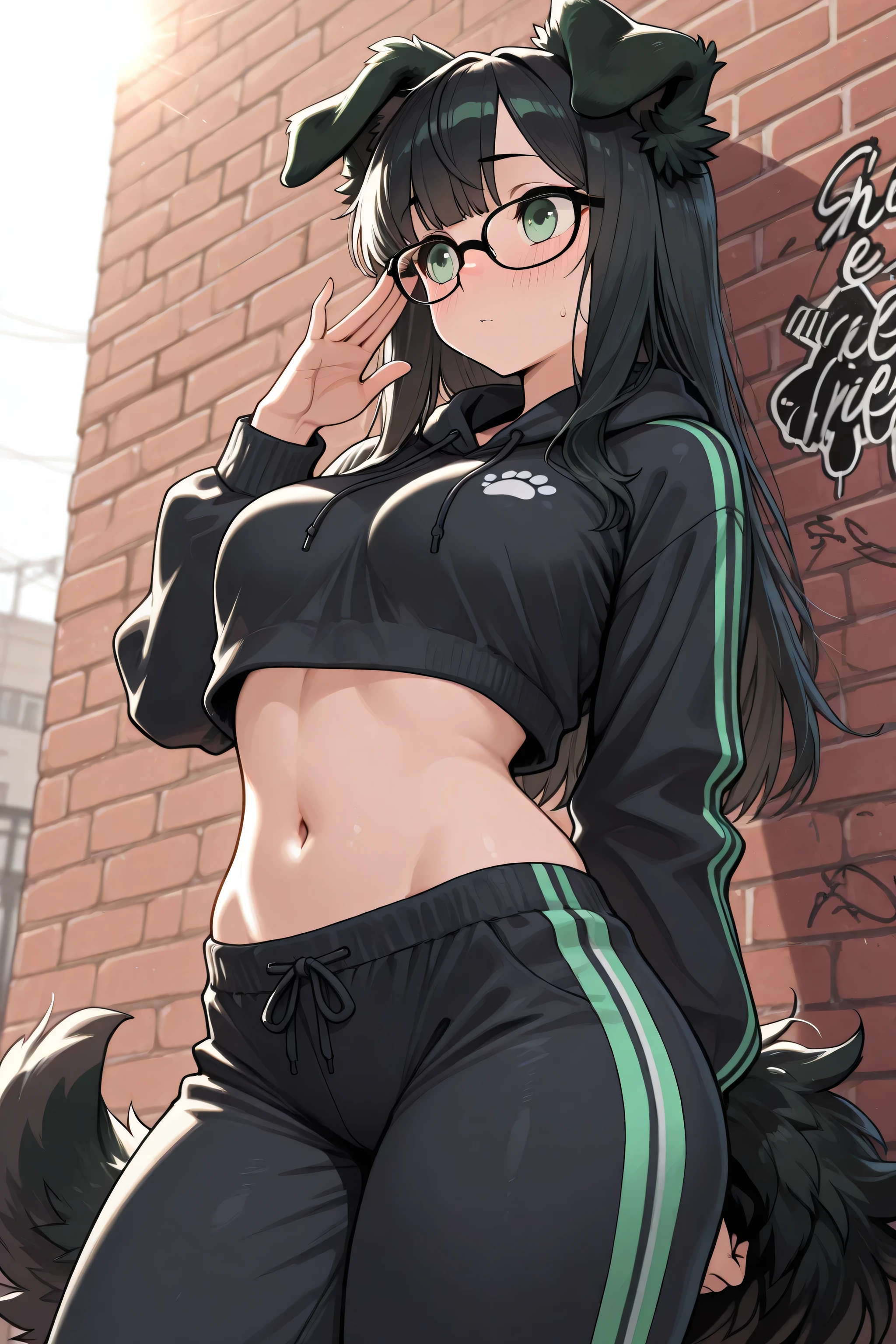 Masterpiece, High-Quality, Detailed. A short, slim humanoid female with Long Black hair with bangs and green eyes and fluffy floppy black dog ears and a long fluffy black dog tail and thick thighs and curvy hips and medium breasts. Cinematic_lighting. She looks shy and is blushing. Straight face. She is wearing a cropped hoodie and tracksuit bottoms and she is stood in the street near a brick wall with graffiti on it. She is wearing black-rimmed glasses.