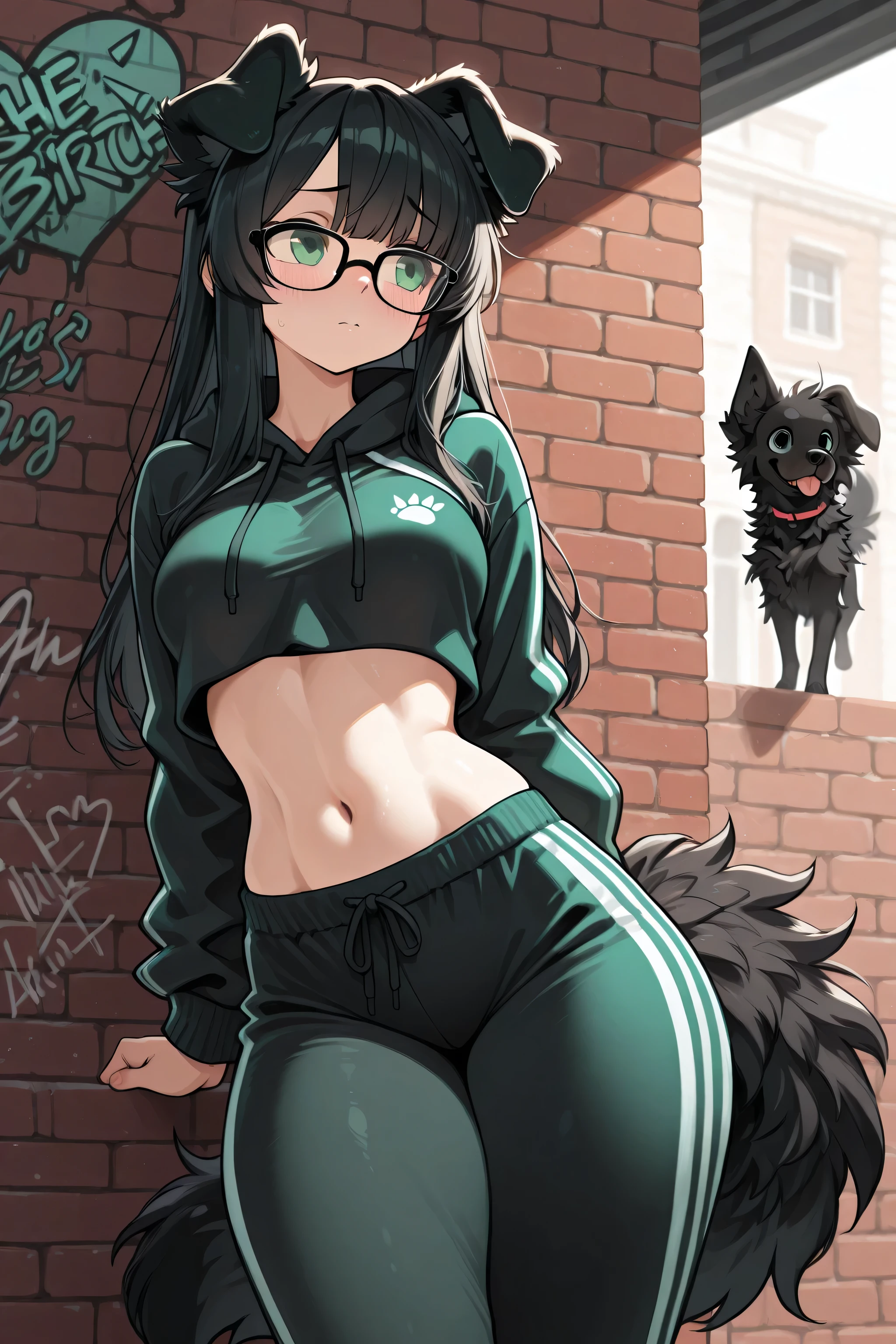 Masterpiece, High-Quality, Detailed. A short, slim humanoid female with Long Black hair with bangs and green eyes and fluffy floppy black dog ears and a long fluffy black dog tail and thick thighs and curvy hips and medium breasts. Cinematic_lighting. She looks shy and is blushing. Straight face. She is wearing a cropped hoodie and tracksuit bottoms and she is stood in the street near a brick wall with graffiti on it. She is wearing black-rimmed glasses.