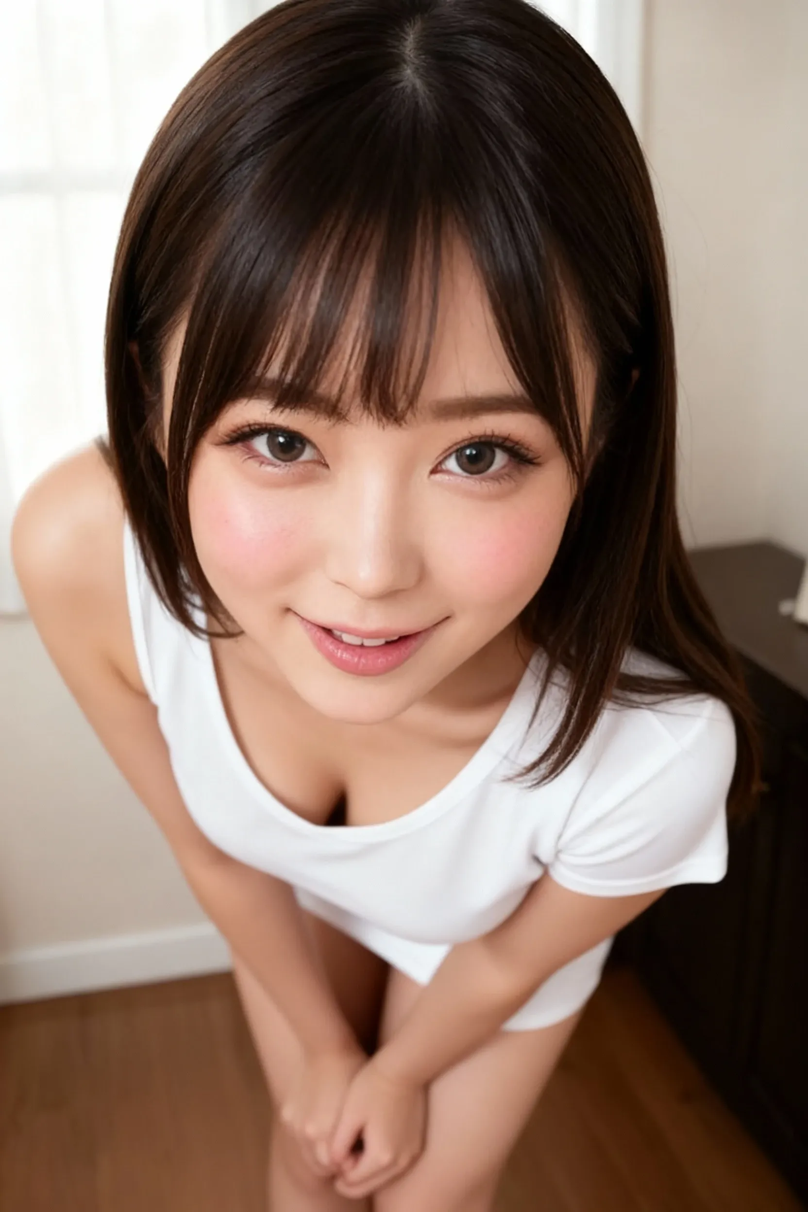 Cute girl, stands on all fours, Ahegao face, panties, thong, секси thong, Background room, seductive girl