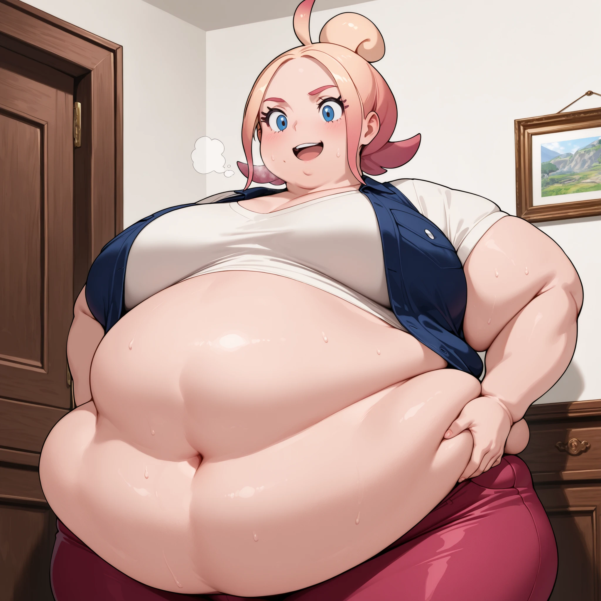 taunie, aged up, taunie \(pokemon\), pink hair, blonde hair, gradient hair, multicolored hair, single hair bun, ahoge, blue eyes, short hair, sidelocks, masterpiece,best quality,amazing quality,bulging belly, fat, chubby, obese, open mouth, out of breath, swollen face, masterpiece, best quality, ultra-detailed, high resolution, 8K, fat face, wide face,