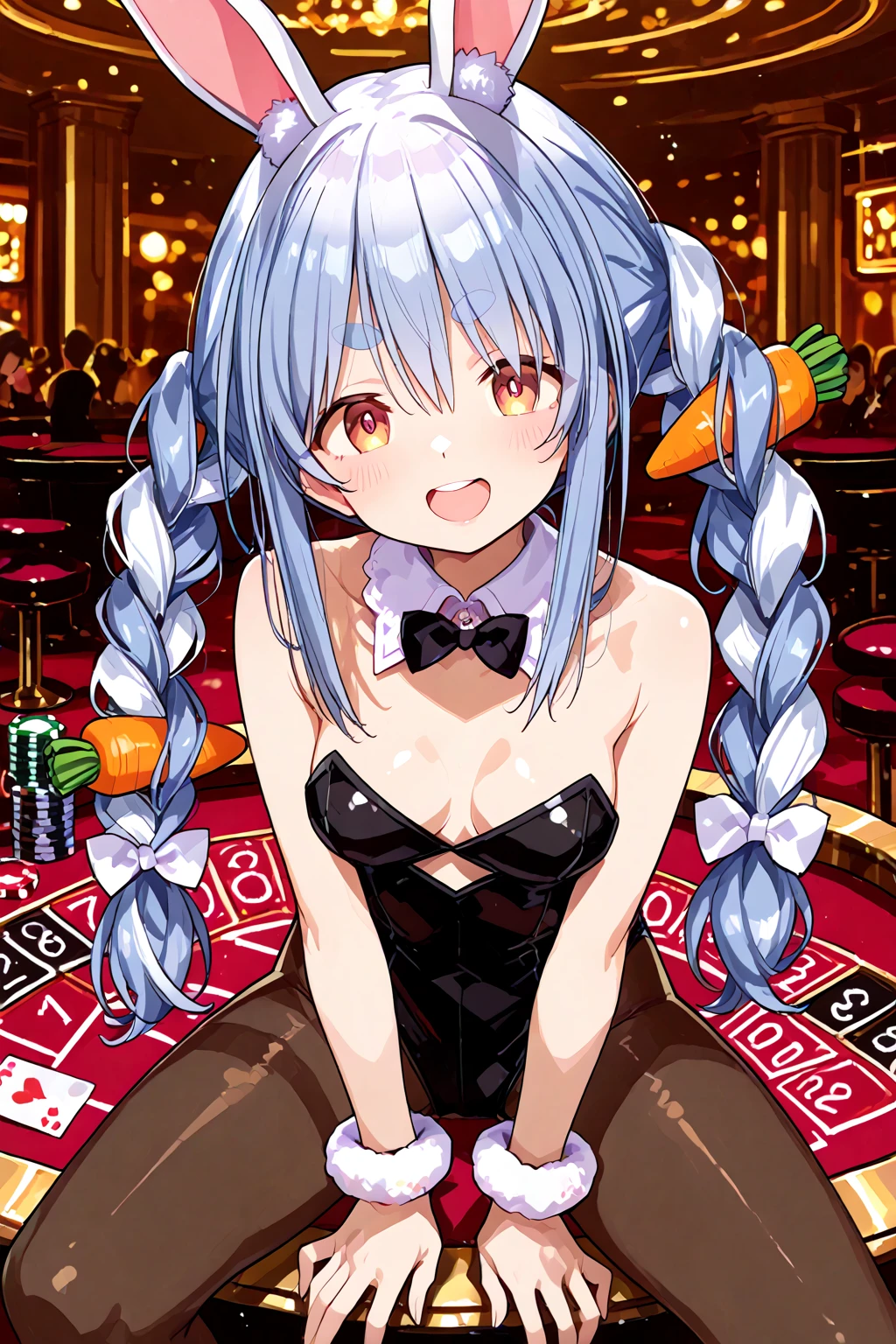 NSFW,masterpiece,Highest quality,High resolution,Super detailed,Shiro \(no game No life\),Long Hair,Multicolored Hair,Hair between the eyes,Gradient Hair,Yellow Eyes,Flat Chest,Bunny ears,Playboy Bunny,casino,Embarrassed,blush,Are standing,