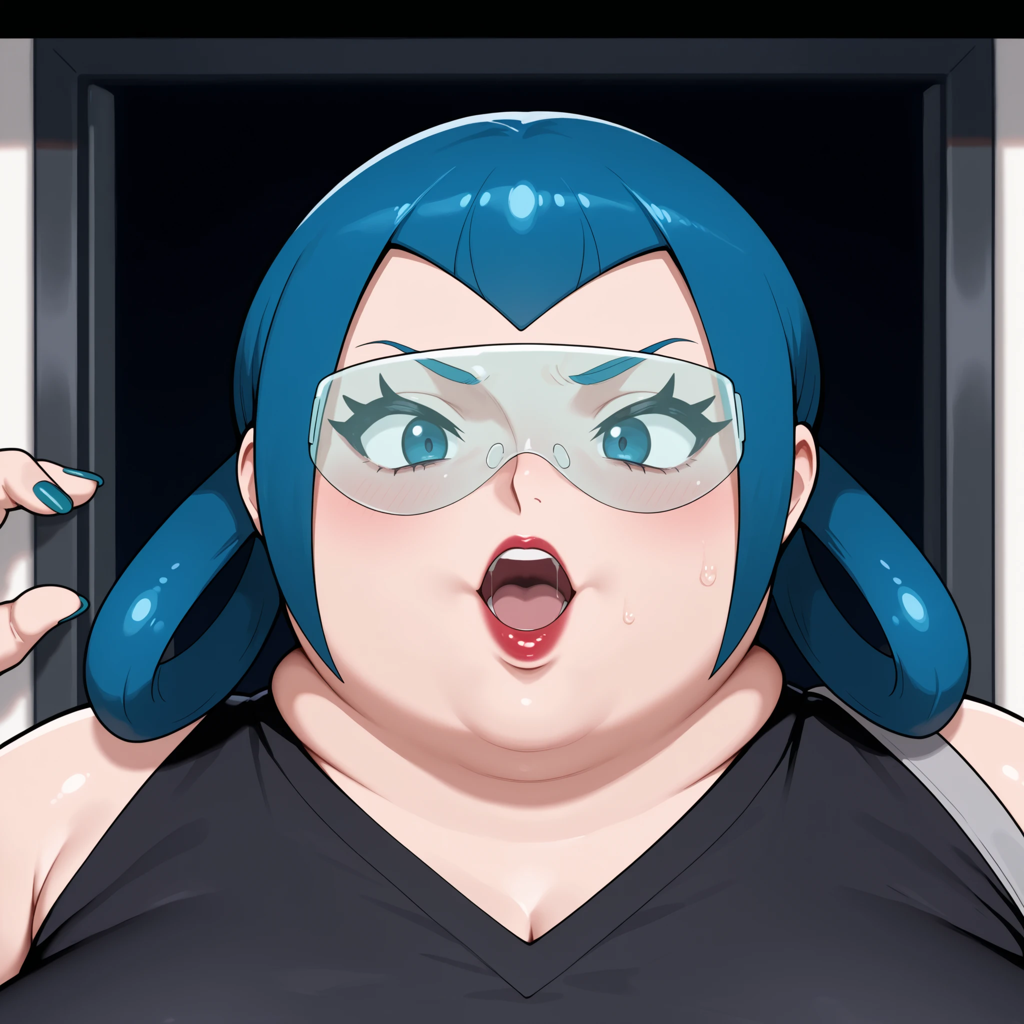 zamable, mable \(pokemon\), blue hair, bangs, hair rings, blue eyes, red lips, blue nails, safety glasses, masterpiece,best quality,amazing quality,bulging belly, fat, chubby, obese, open mouth, out of breath, absurdres, portrait, pov belly, straight-on, from side, swollen face, masterpiece, best quality, ultra-detailed, high resolution, 8K, fat face, wide face, 