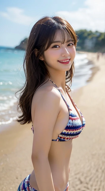 ((Highest quality))、((masterpiece))、(detailed)、One person、Swimwear、smile、Beach、Zexy、Dynamic Pose、Big Breasts、Tribal pattern、back