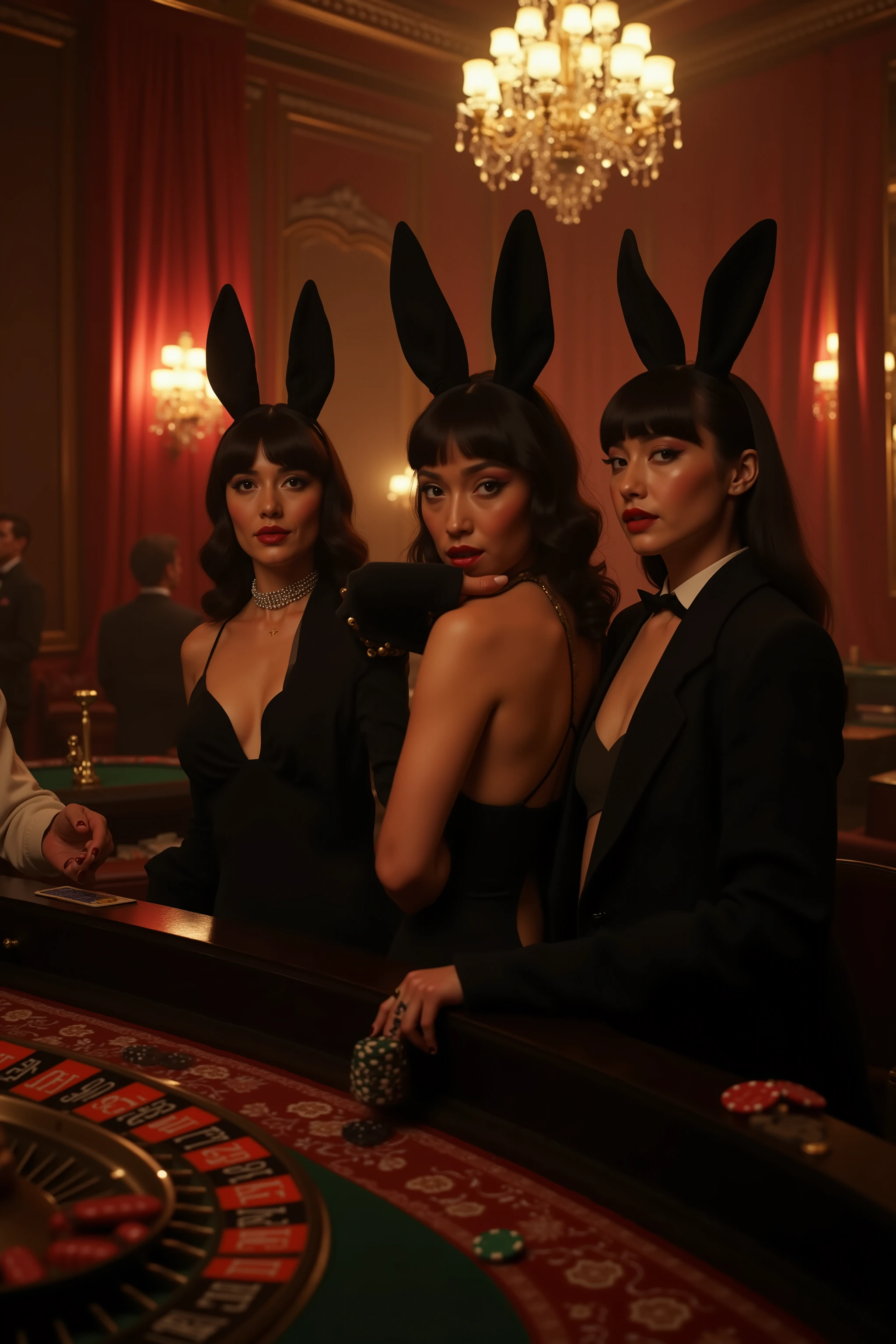 [CG+Dezember+5]:
"🌟:" high resolution, retro-filmisch, glamorous gloomy in the style of classic heist films with rich colors and soft contrast
"🌌:" an underground casino with a low ceiling, warmem Goldlicht, smoke and a roulette corner, red velvet curtains and shimmering gaming tables in the style of The Clou
"😈:" elegant adult bunny girls with black bunny ears wear long tight coats over black bathing suits, stylish and self-consciously positioned between players and croupiers, an experienced player unobtrusively holds an absurd lucky charm such as an old key or a scratched marble
"🔥:" gespannte, vicious mood, Hands over chips, the roulette rotates, wealth and fate change in seconds, the lucky charm is touched briefly before use like a silent ritual

"💋:" a hidden casino in retro heist style, in the elegant bunny girls, roulette and an inconspicuous lucky charm about fate and wealth Decide.