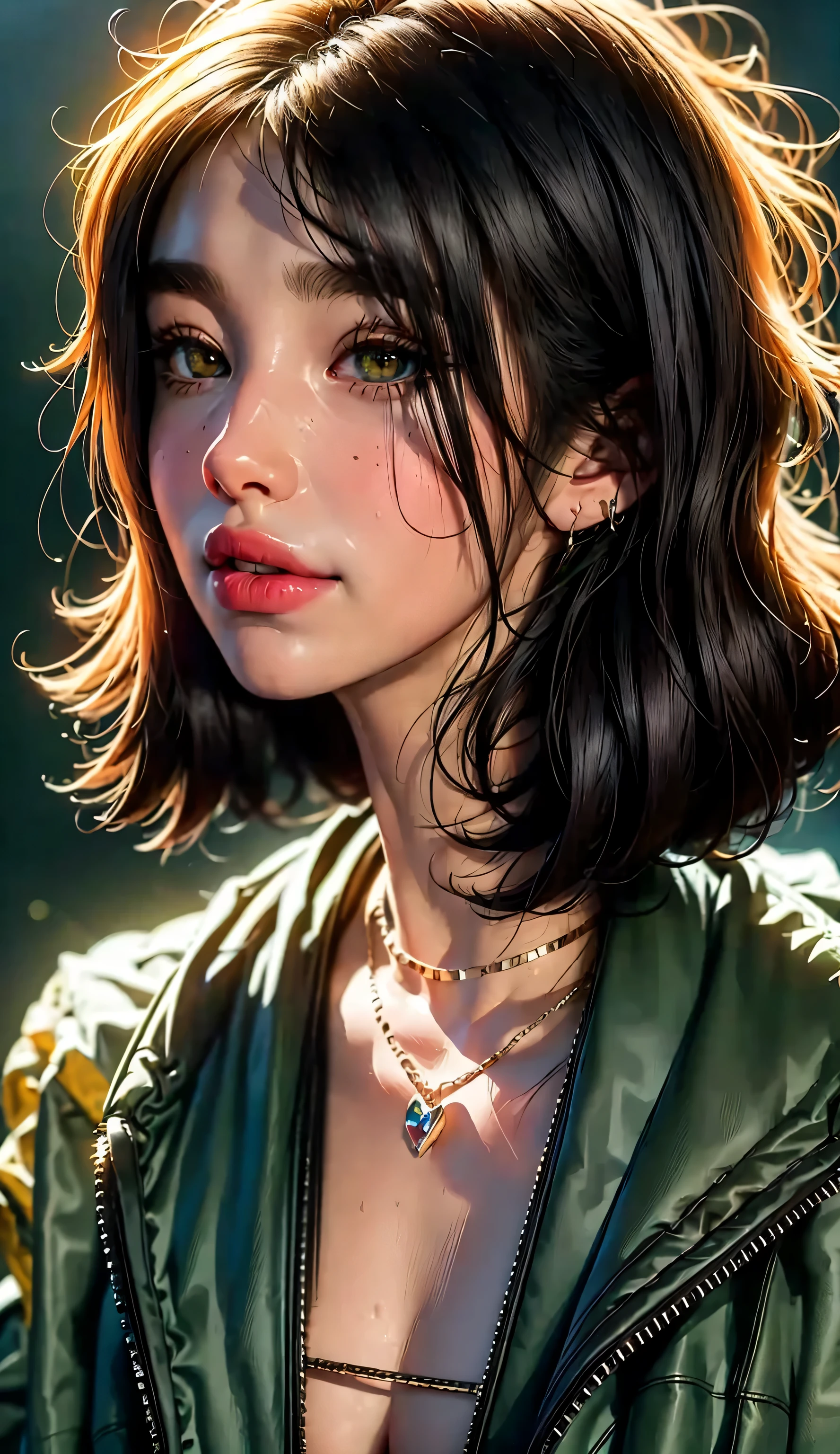 full body, Plan General :1.5, woman with straight black hair moving with the wind a beautiful smile:1.5, , She bangs herself to the eyebrows:1.4, posing for a photo , Portrait of Kim Petras, ava max, collar , stud earrings , wearing barbs and piercings , modeled photograph Kerli Koiv , estilo gotico dark al stud earrings industrial , Wearing a black necklace , usando un intrincado collar negro, The answer ( Yolandi Pescador ), photo from a promotional photo shoot , hyperrealistic style, (olive green background )