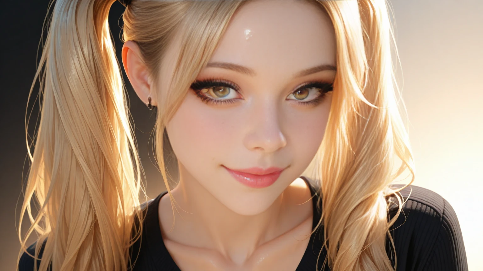 hyperrealistic 14 year old american teen, blonde, perfect tiny body, sexy, dark makeup, perfect slim face, big red lips, very cute face, tiny body, big eyes, young looking, childish looking, two ponytails, brown dog ears, brown dog tail