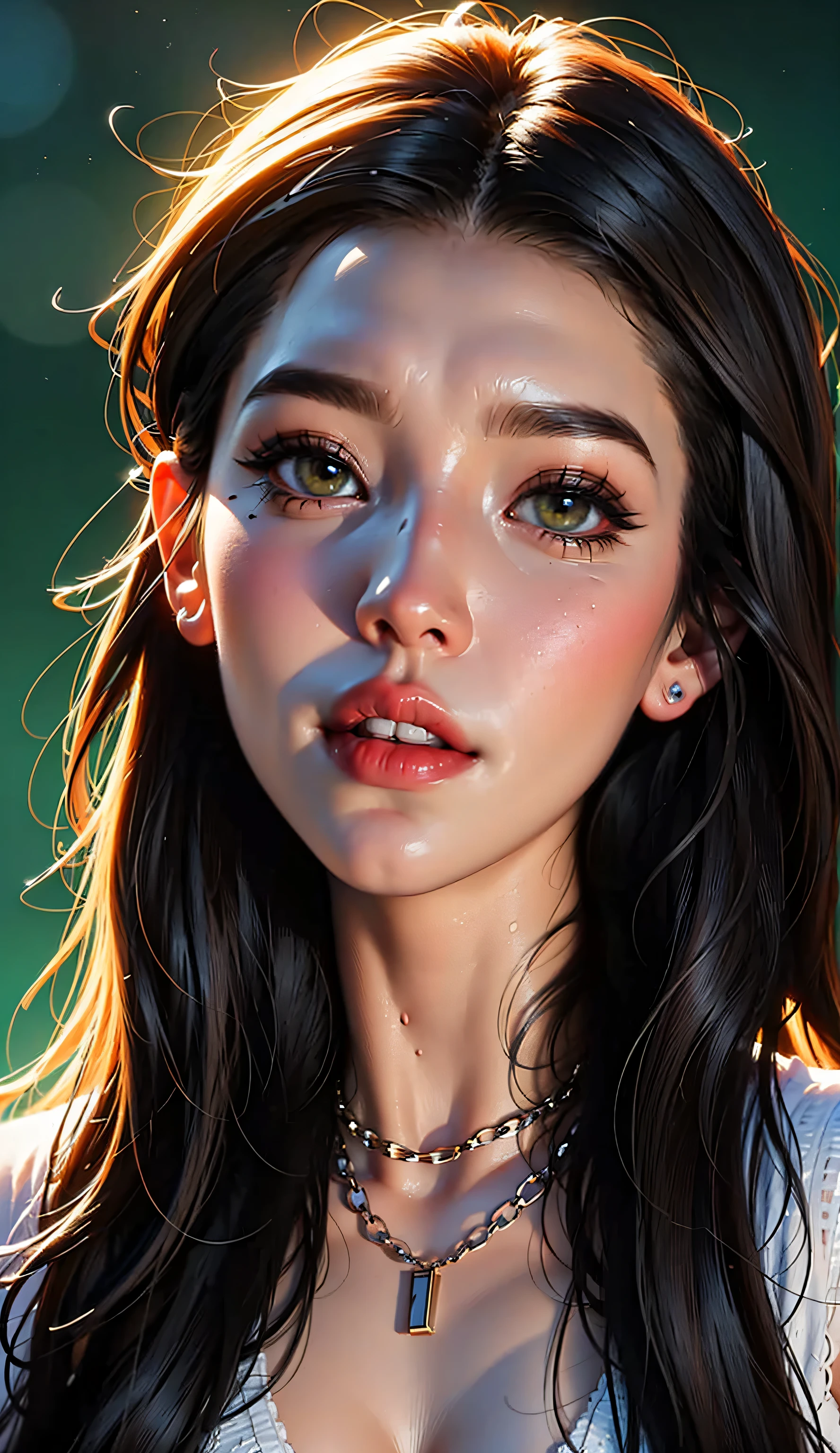 full body, Plan General :1.5, woman with straight black hair moving in the wind , She bangs herself to the eyebrows:1.4, posing for a photo , Portrait of Kim Petras, ava max, collar , Dark style , using spikes and piercings , modeled photograph Kerli Koiv , estilo gotico dark al Dark style industrial , Wearing a black necklace , usando un intrincado collar negro, The answer ( Yolandi Pescador ), photo from a promotional photo shoot , hyperrealistic style, (olive green background )