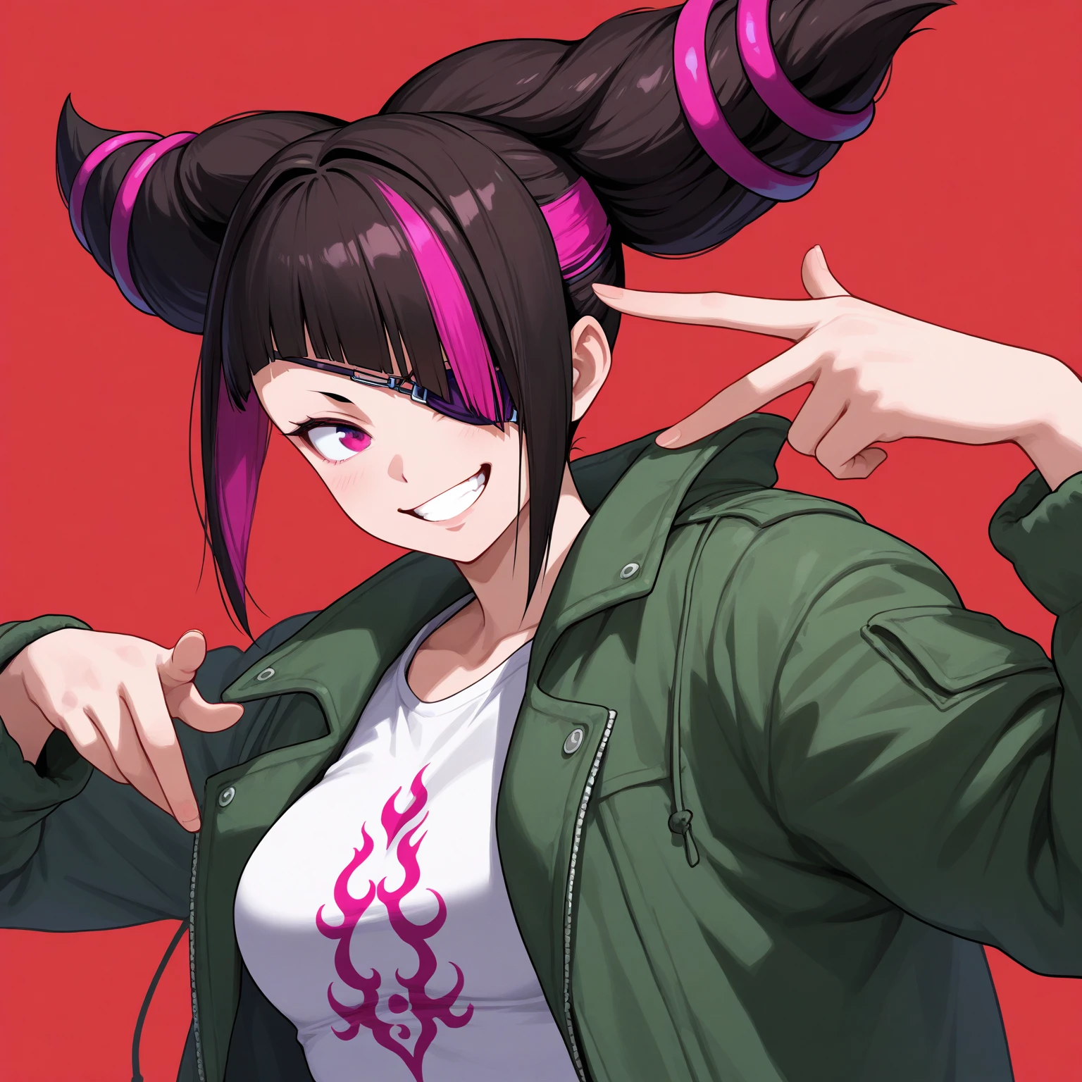 highres,1girl,animal ears,KEMOMIMI,bangs,blush,heterochromia,red eye,green eye,red and green odd eyes,open mouth,fang,dark-skinned female,hair between eyes,hair ornament,hairclip,looking at viewer,smile,solo,v-shaped eyebrows,ponytail,Short messy hair,purple hair,two or more colors,Rash Guard,white background,simple background