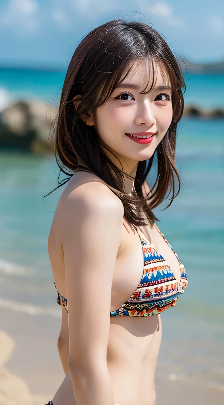 (((best image quality、highest quality、At 32K、ticker、RAW photo、very clear image、very clear image quality、realistic、whole body、whole bodyショット、Backwards 1.4、 1.3)))、High resolution raw color photos, professional photos,(realistic, photo realistic:1.2),  1 girl, 21 years old, masterpiece,realistic,smile, natural smile, charming smile, enchanting smile, (Ocean、sandy beach), (cleavage between breasts,,:1.2), beautiful, very pretty, cute like a doll, japanese woman, Idol, round big eyes, small nostrils, light makeup、big round eyes, deep い is written in the depth of the world,Top and bottom pink bikini、my hair is blowing in the wind、