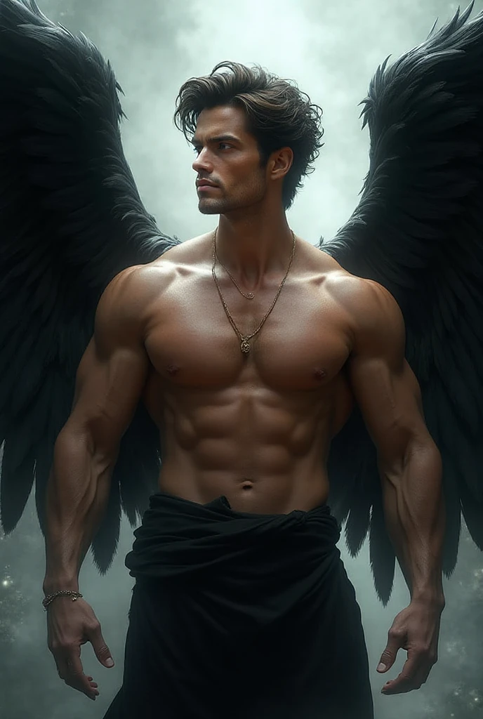 ((masterpiece)),((bestquality)),8k, high detailed, ultra-detailed, Stylish Pose, real skin texture, cinematic lighting, 21 year old male model, handsome, sitting manly with his  on a huge stone throne, cute looking, evil look, black demon horns, white pale skin, blue eyes, short brown messy hair, strong jawline, masculine, defined fit body, muscular, shirtless, pantless hairless , evil dark aesthetic. gothic architecture, hellfire ground, black massive huge angel wings, spartan loincloth, male skirt, (dim light:1.3), dark atmosphere, cinematic lighting, backlight, Depth of field, award-winning photography, elegant, hyperrealistic, octane render, unreal, high definition, 8k resolution, highly detailed, 8k uhd, professional lighting, photon mapping, radiosity, physically-based rendering