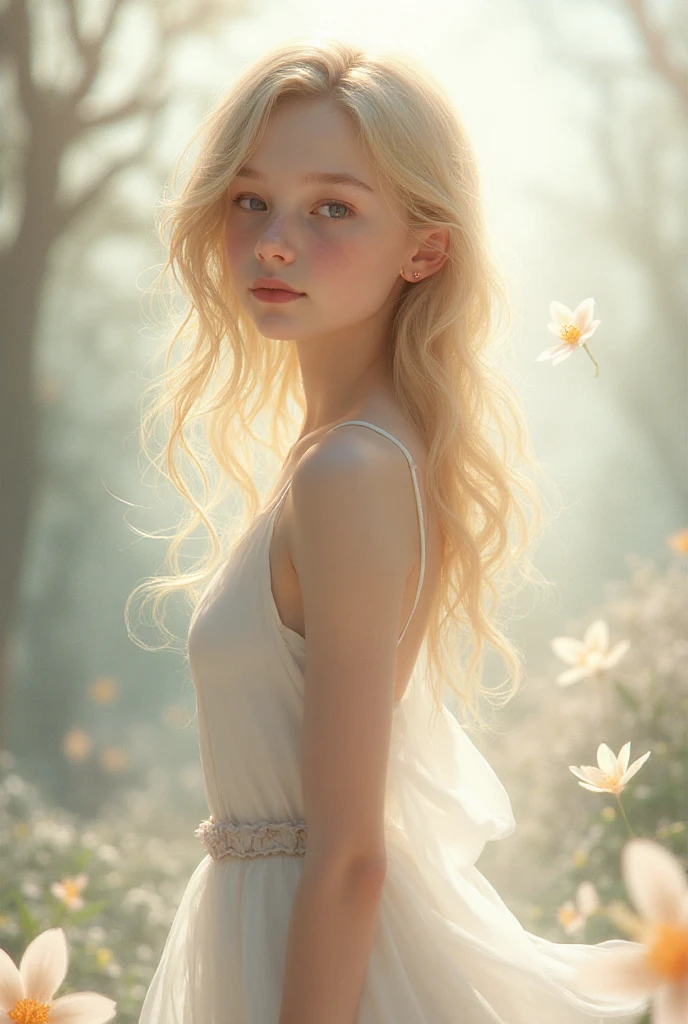 high quality шедевр, photo, detailing, blonde, big eyes, meadow with flowers flooded with light, hyperrealism, detailing, high quality, A glade of flowers, sunlight, wind, Short dress,