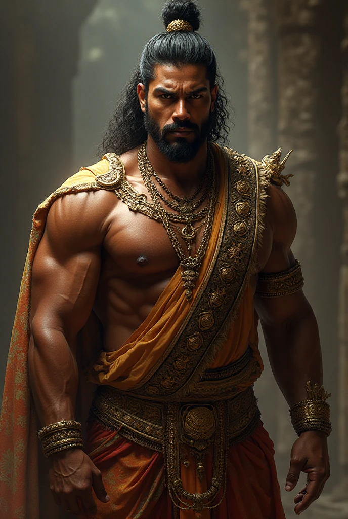 Arjuna in Mahabarata, holding a bow and arrow, Javanese princess, majapahit warrior, long wavy black hair, hair tied up, wide eyes looking sharp and firm, very handsome face,  chested, wearing ancient Javanese knight jawelry, realistic, background black, fantasy, intricate, elegant, highly detailed, digital painting, art station, concept art, 4k, complete body