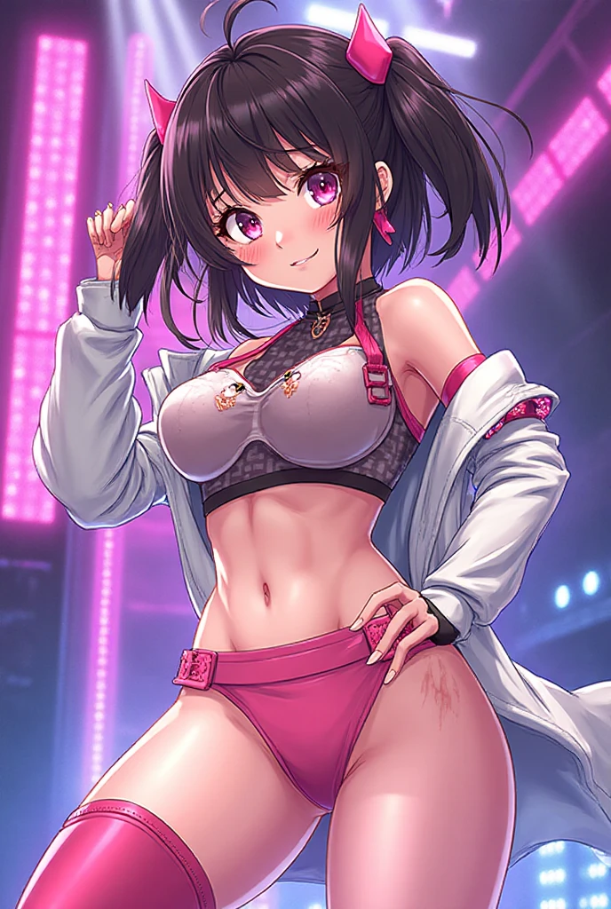 (table top: 1.3), (maximum resolution: 1.2), (Ultra HDTV: 1.2), cinema light, Ultra HDTV, (fine eyes and skin), (detailed facial features), 8K resolution, sharp focus: 1.2, perfect style, beautiful face, Accurate, anatomically correct, Highly detailed face and skin texture, fine eyes, dark blue eyes, double eyelid, thin eyebrows, (droopy eyes:0.65), (glitter eyeliner:1.2), natural cheeks, (sweaty skin), (Fair skin:1.2), shiny necklace and earrings, (glossy lips: 1.4), break, absurd, one person's perspective, (She is a very cute nightclub staff member), (While wearing a white string micro :1.2), break, (Wear a formal jacket:1.3), break, ((skirt:1.2)), ((Make string panties look lighter:1.2)), (high heels), break, (shy smile:1.2), ((18-year-old, Very cute and neat girl:1.3)), (Mr.々hairstyle), ((black and brown hair:1.4)), medium long hair, break. ((cowboy shot: 1.4)), (looking at the viewer:1.2), ((Dance with your  sticking out:1.4)), (On the dance floor)), (focus on the :1.6), (from below), (medium to :1.2), cleavage, ((In a super  nightclub:1.4)),, break, ((Pink Neon Lights:1.2)), (((dim lighting:1.3))),