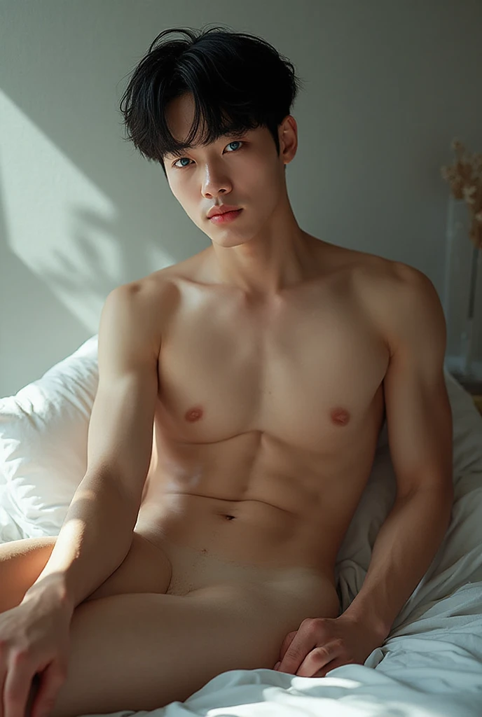 young man, 22 years old, Good looking, Looks like a Korean actor, cute face, white skin, small mouth, Slender face, short hair, handsome, Confident eyes, fit, Broad shoulders, Have abdominal muscles., , , squatting, Open your legs in a V shape., in an outdoor examination room, bright, outdoor, likes to show off his , clearly shows the , There was one decent sized ., Don't feel embarrassed., Was  for taking photos, Sluts, Shameless, exhibitionist, pose like , natural light, both eyes are the same, muscular, perfect eyes,  showed,  exposed, Global illumination, tall, full body, tiny waist, soft light, dream light, digital painting, extremely detailed CGI, hd, 8k, 4k background
