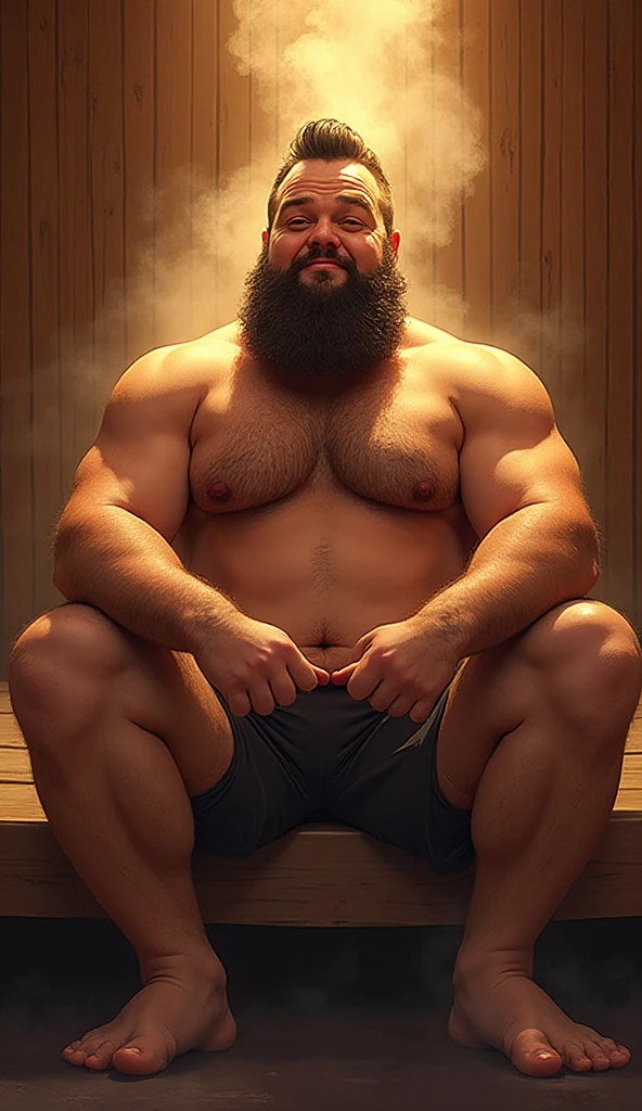 Completely の高齢な男性ボディビルダー。Big muscles。Big Belly。thick limbs。
A man sits on a wooden bench in a wooden sauna room。
The man's whole body is wet with sweat。body weight１５０㎏。
極端に短いGray-hairedの顎髭。極端に短いGray-hairedの髪。
Anatomically correct huge 。
Anatomically correct, extremely large 。
Sunburned skin。Hairy skin。Wet Skin。sweating。
Men are hairy all over。Full body covered in hair。Gray-hairedの胸毛。Gray-hairedの腹毛。Gray-hairedの下腹部の毛。Gray-hairedの。 hair。Arm hair。Leg hair。Thigh hair。shin hair。
Symmetrical and well-formed face。round face。A gentle face。Kind Face。Calm expression。Kind eyes。
Seat image。Low - Angle。Full body portrait。Completely 。Gray-haired。A man with a full body of hair。looking at the camera。
Maximum number of pixels。Highest quality。ピントがきちんと合ったHighest qualityの写真画質。Photorealistic。
