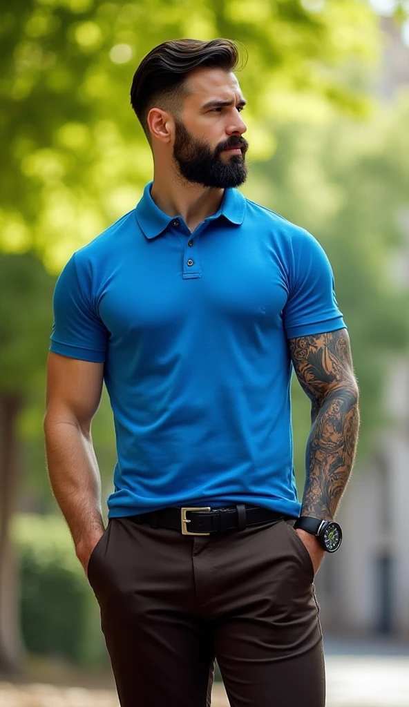 A male police officer in his 20s poses for a group photo....., Wear a navy blue polo shirt......................., high resolution, Masterpiece, best quality, head:1.3,((Hasselblad photos)), Smooth and fine skin, clear focus, (movie light), during the night, gentle light, Dynamic angle, [:(detailed face:1.2):0.2],(((exercise))), sport, His arm muscles were very big.........., hand in ??????.