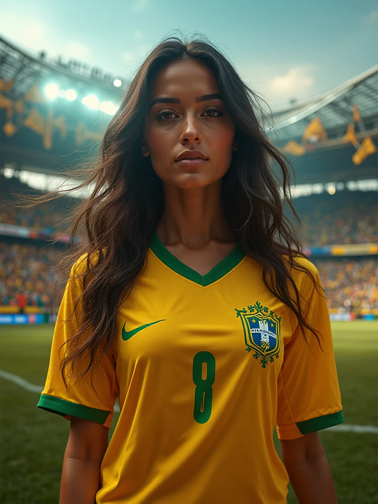 Mulher bonita, rosto perfeito,com camisa do Brasil perfeita, with a cell phone in hand, beautiful perfect hand, medium large breasts, Perfect and beautiful lips, cabelo perfeito, cabelo marron e preto, olhos perfeito, sombrancelha perfeita,16K