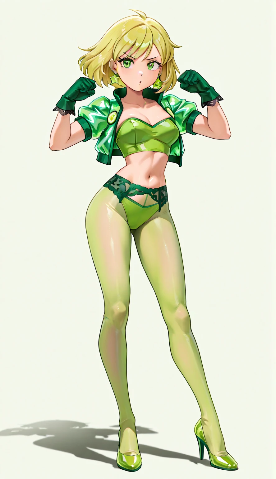 1girl, sgannie, yellow eyes, eyepatch, green hair, twin braids, green bikini, green  top, green side-tied , star (symbol), stocking, (petite, small breasts, small boobs, ), (child rearing hips, child-rearing hips, big hips, wide hips, wide-hipped, thicc thighs, thick thighs), small breasts with big hips, 