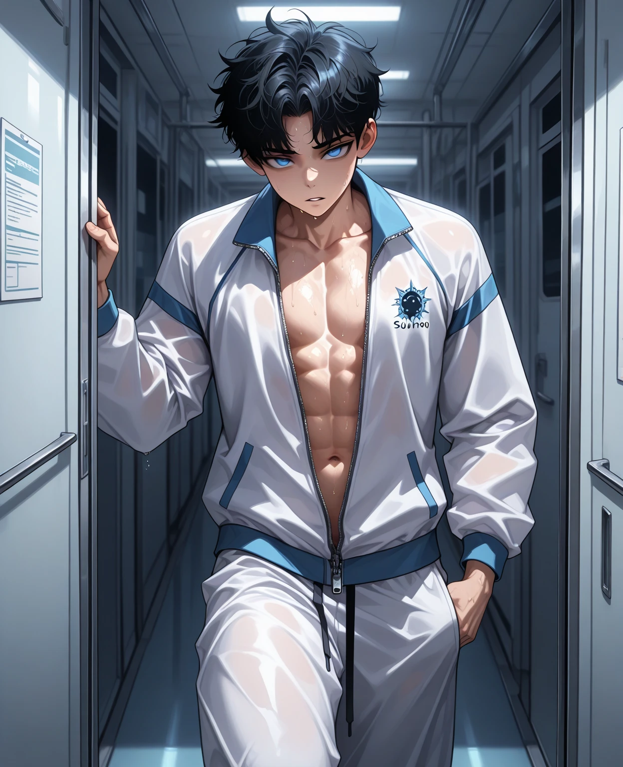 (masterpiece) 17yo's young Guy, slender Guy, blueish white hair, hair cover one eye, spiked hairstyle, (blue eyes:1.5), serious face, jacket, , Full body, Waist chains, BLUE pants , hand Frozen solid, Ice background, breathing ice