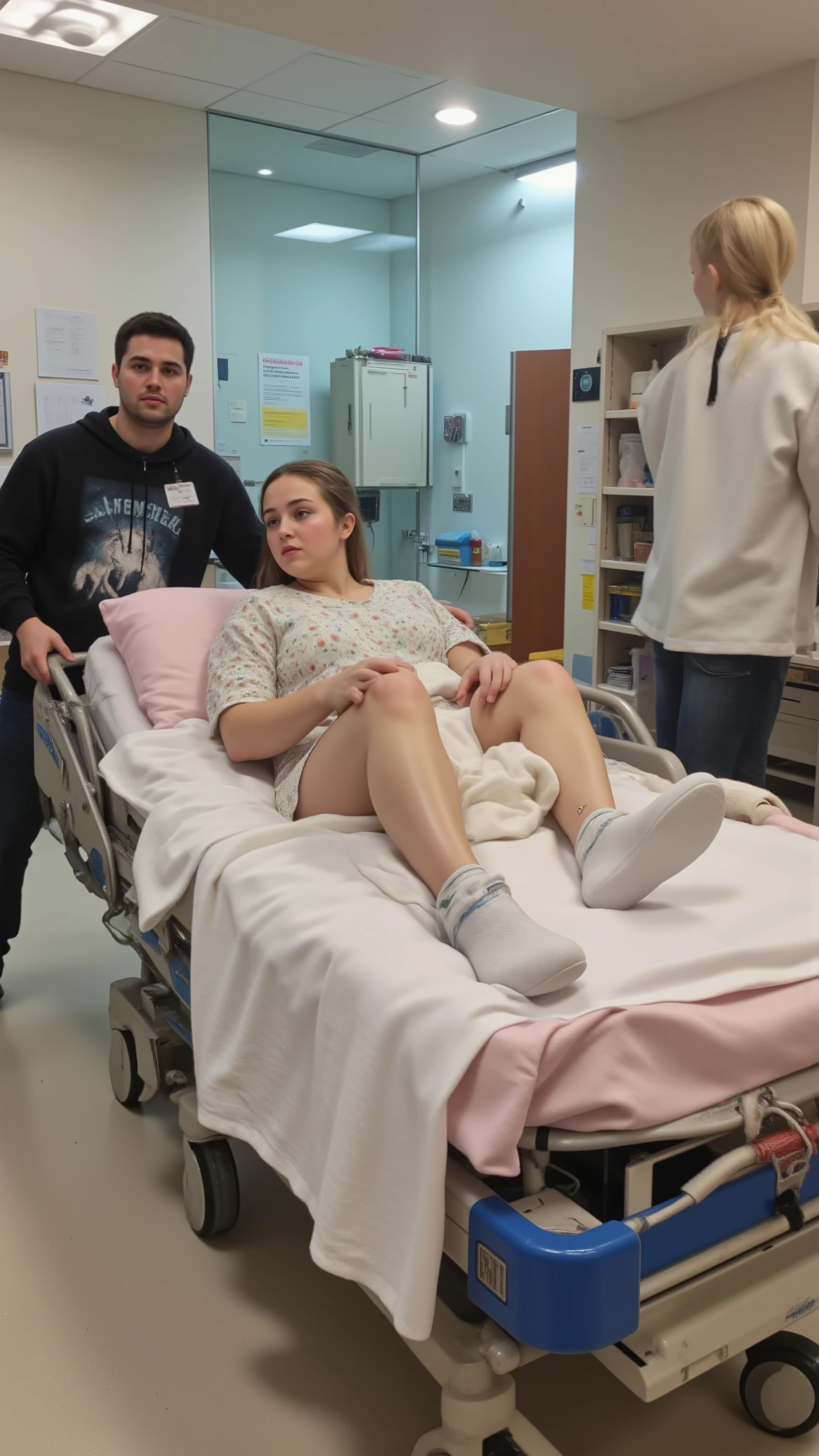 highdefinition picture、cute woman being carried on a stretcher suitable for an operation at a hospital、worried boyfriend、