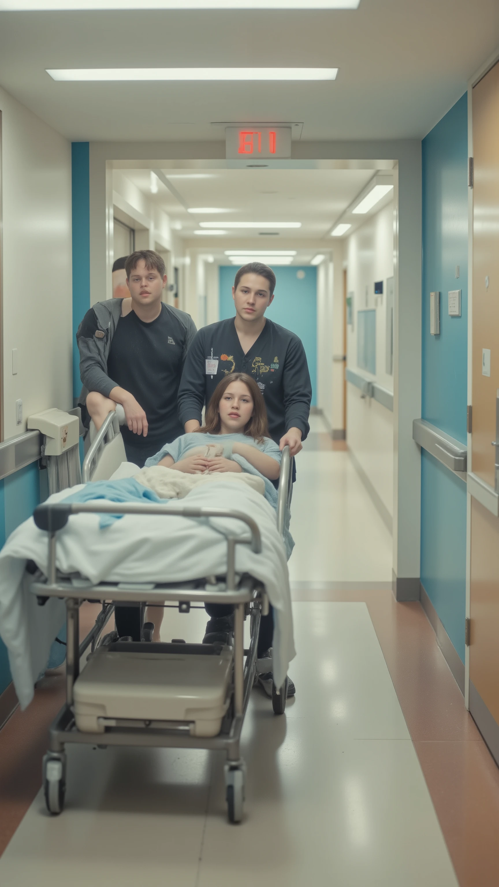 high-precision photography、in the hospital hallway、cute woman being carried on a stretcher suitable for surgery、Anxious boyfriend、